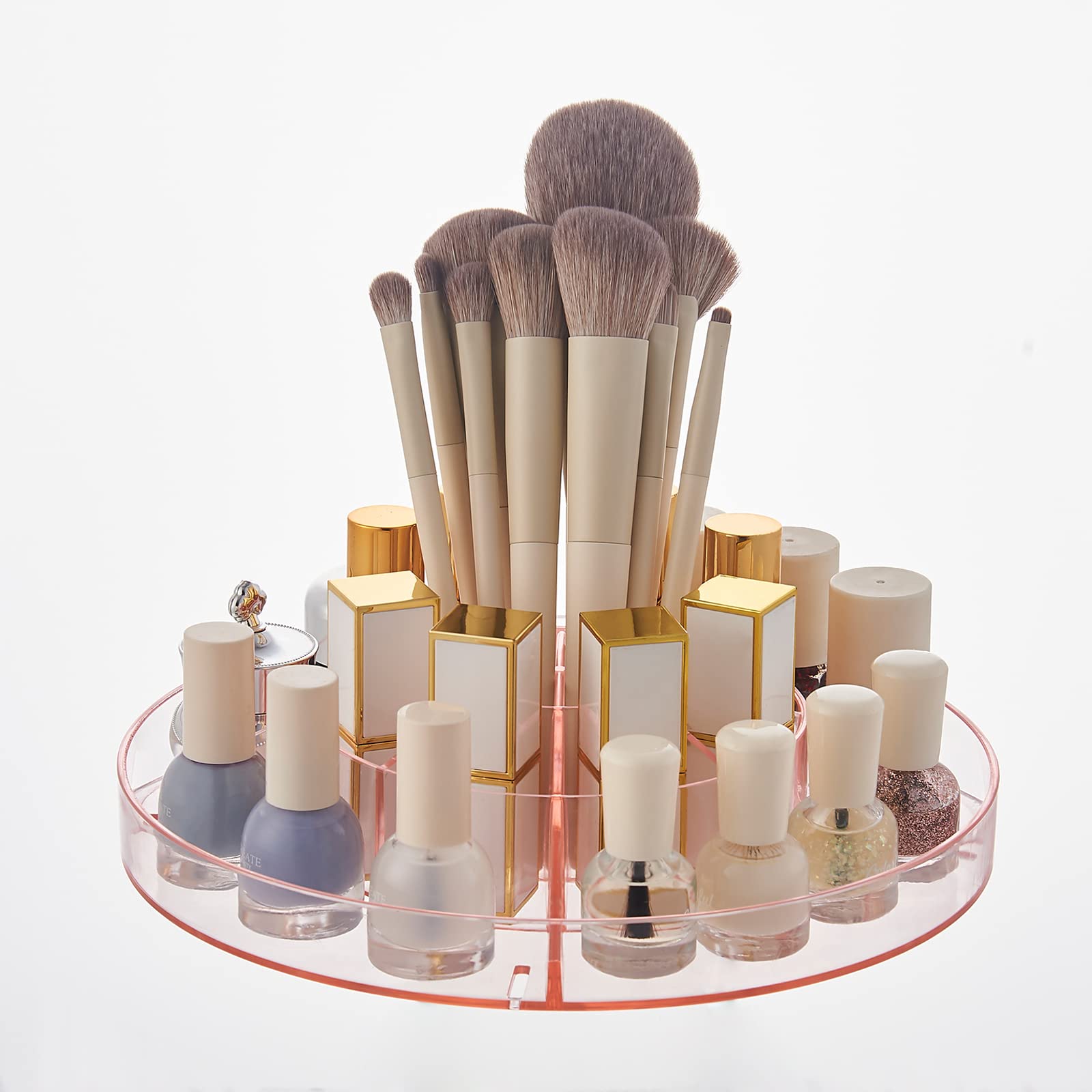 SUNFICON Rotating Makeup Holder Organizer Crystal Pink 360 Rotation Cosmetic Storage Holder Turntable Spin Display Stand Bathroo