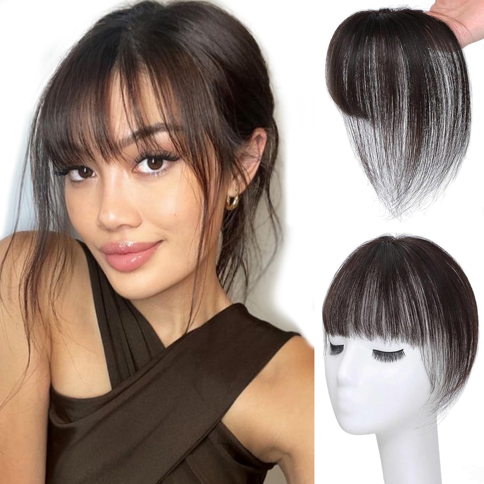 MYMYDA Clip in Bangs 100% Real Human Hair Extensions 360 Cover Clip on 3D Wispy Bangs for Women Topper Hairpieces for Women Natu