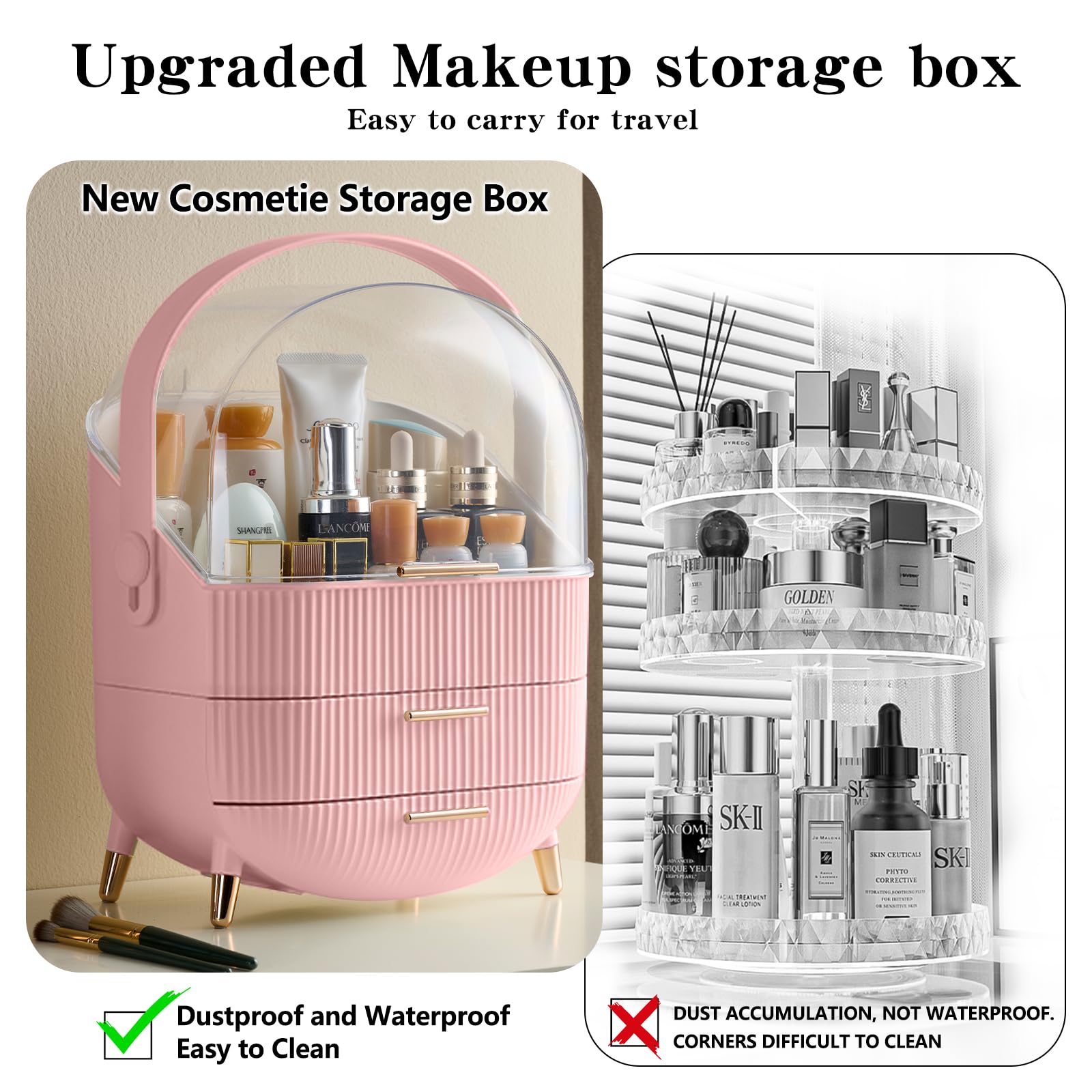 Gltaylmy Makeup Organizer For Vanity, Cosmetics Skincare Organizers With Lid And Drawers, Cosmetic Display Cases For Countertop