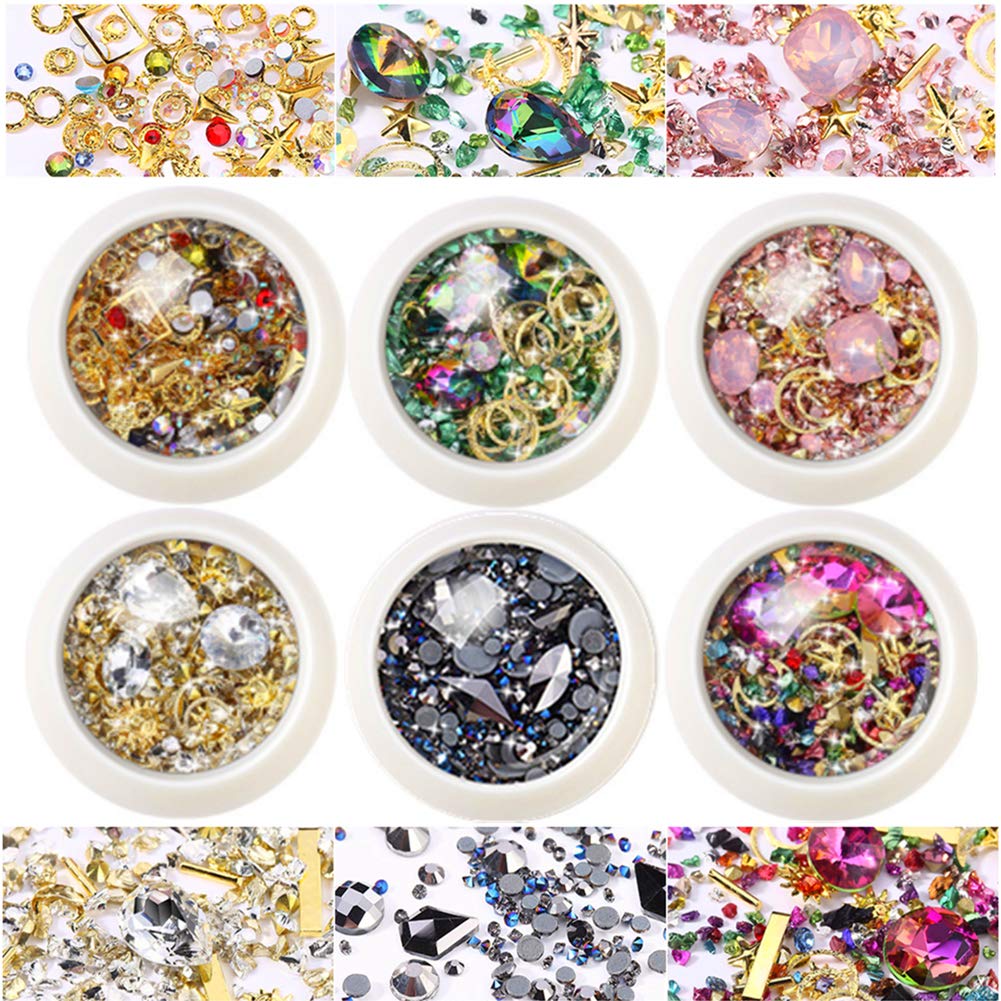 editTime 6 Wheels Mixed Sparkle Nail Art Rhinestones Diamonds Crystals Beads Artificial Pearls and Gold Silver Nail Studs Gems M