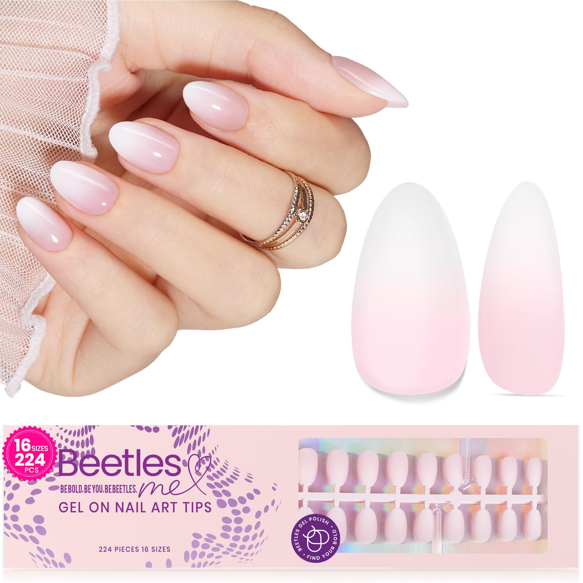 Beetles French Tip Press On Nails, 16 Sizes 224 Pcs Ombre Pink Extra Short Almond Press On Nails 4 In 1 Gel Nail Tips Pre-Applie
