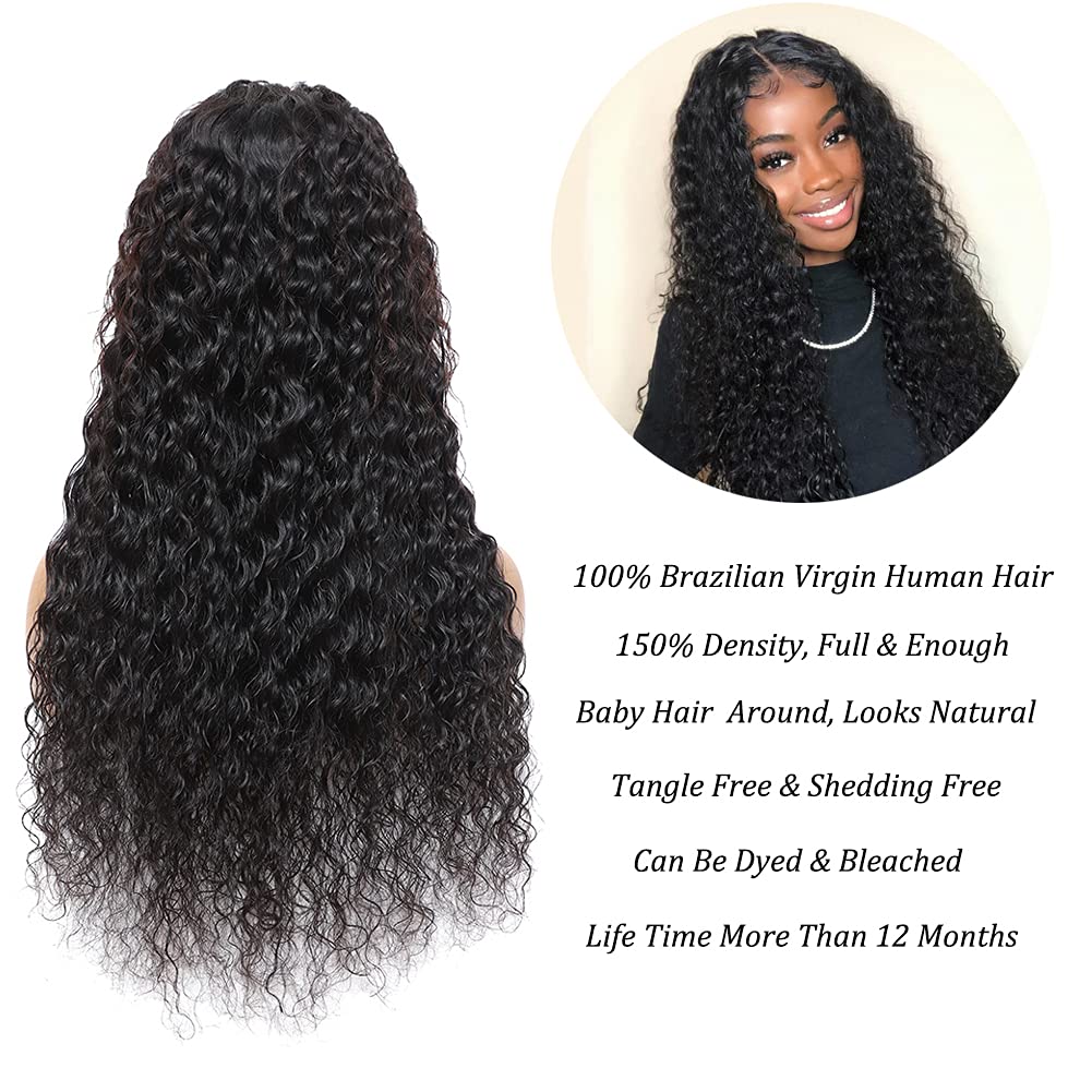 Water Wave 4X4 Lace Front Wigs Human Hair Pre Plucked, 150% Density Brazilian Virgin Wet And Wavy Human Hair Wigs For Black Wome
