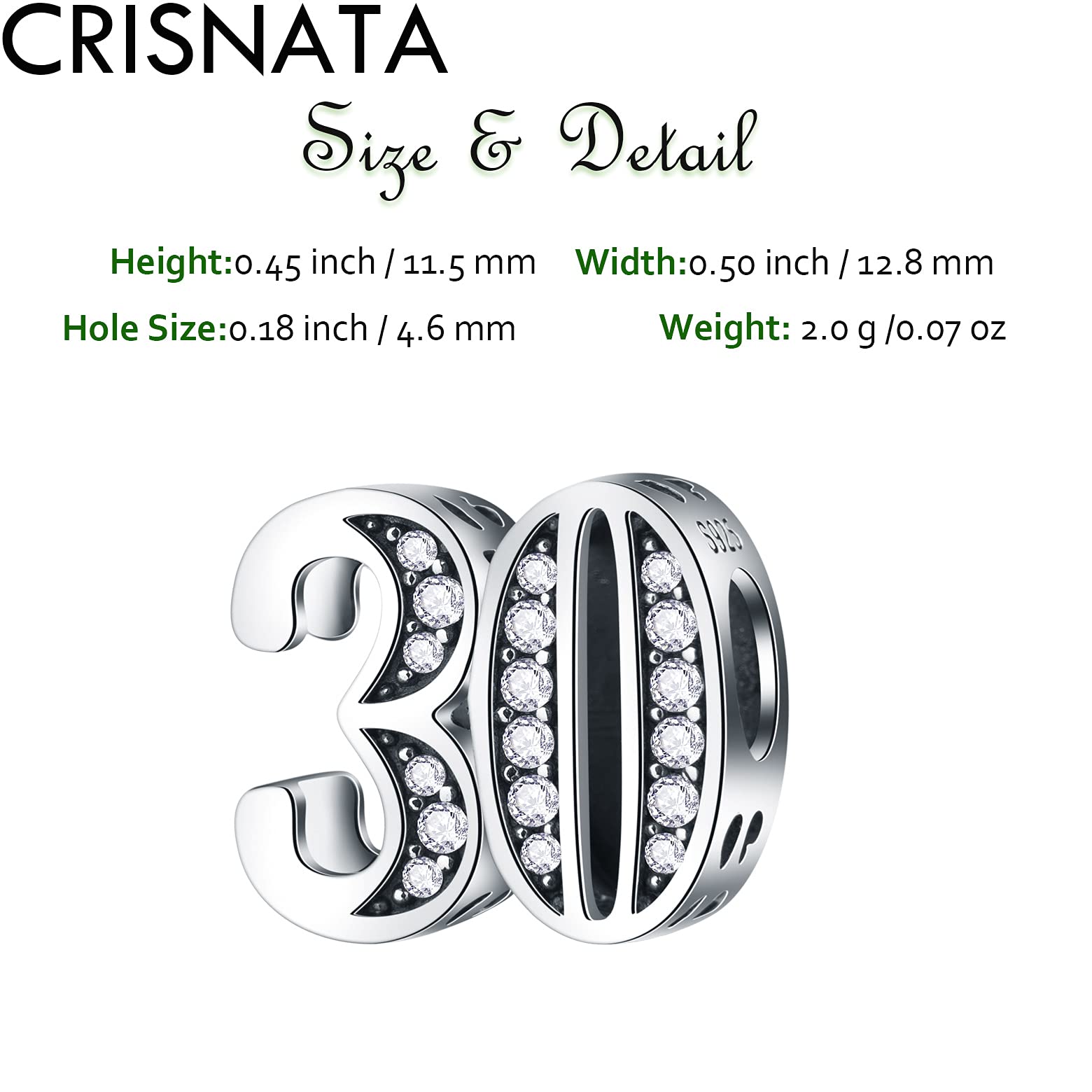 30 Birthday Charms fits Pandora Charm Bracelet, 925 Sterling Silver 30th Wedding Anniversary Beads with CZ, Number 30 Years of L