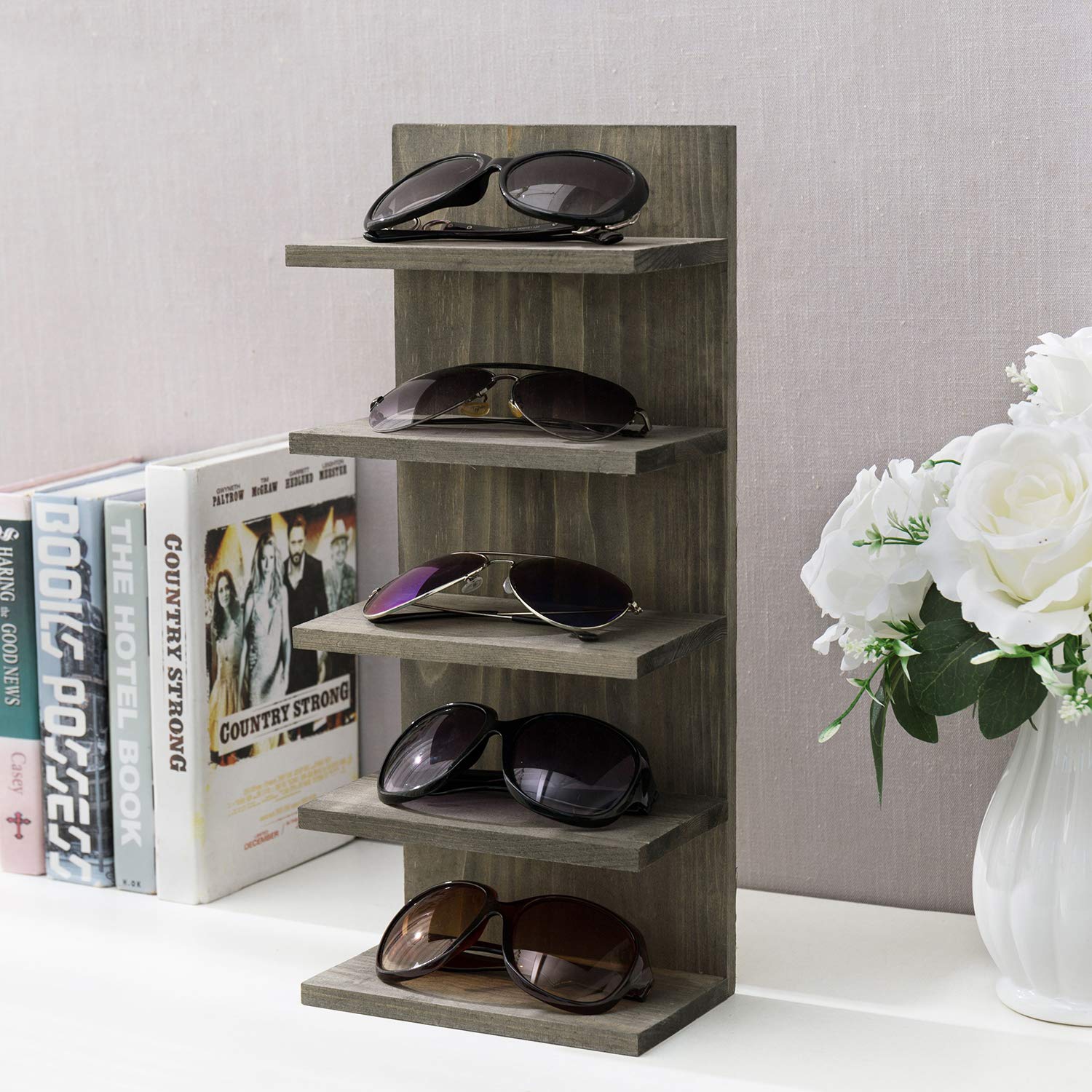 MyGift 5 Tier Vintage Gray Solid Wood Sunglasses Holder Rack, Wall Mounted Eye Glasses Shelf or Tabletop Display Stand, Retail E