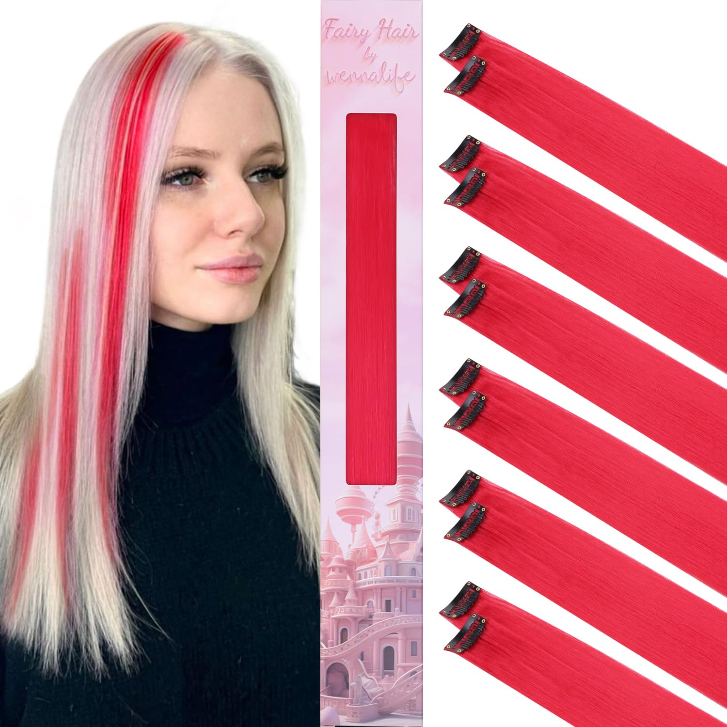 WENNALIFE 12 PCS Red Hair Extensions Clip in, Colored Clip in Hair Extensions for Kids Highlights Rainbow Hair Clips for Girls S