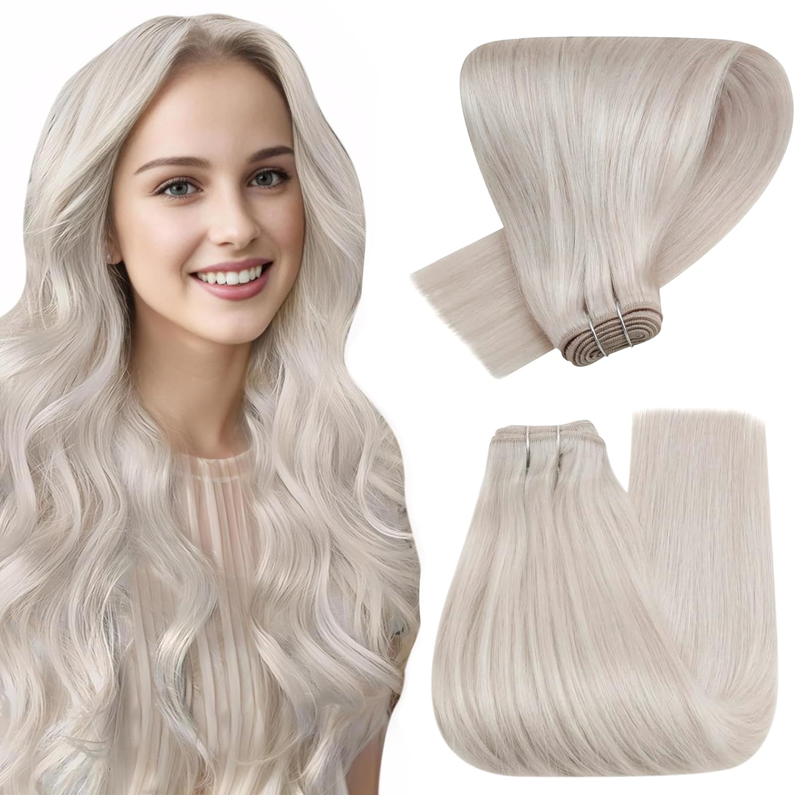 Hetto Blonde Sew in Hair Extensions Real Human Hair 22 Inch Platinum Blonde Weft Hair Extension Human Hair Weft Extensions Invis
