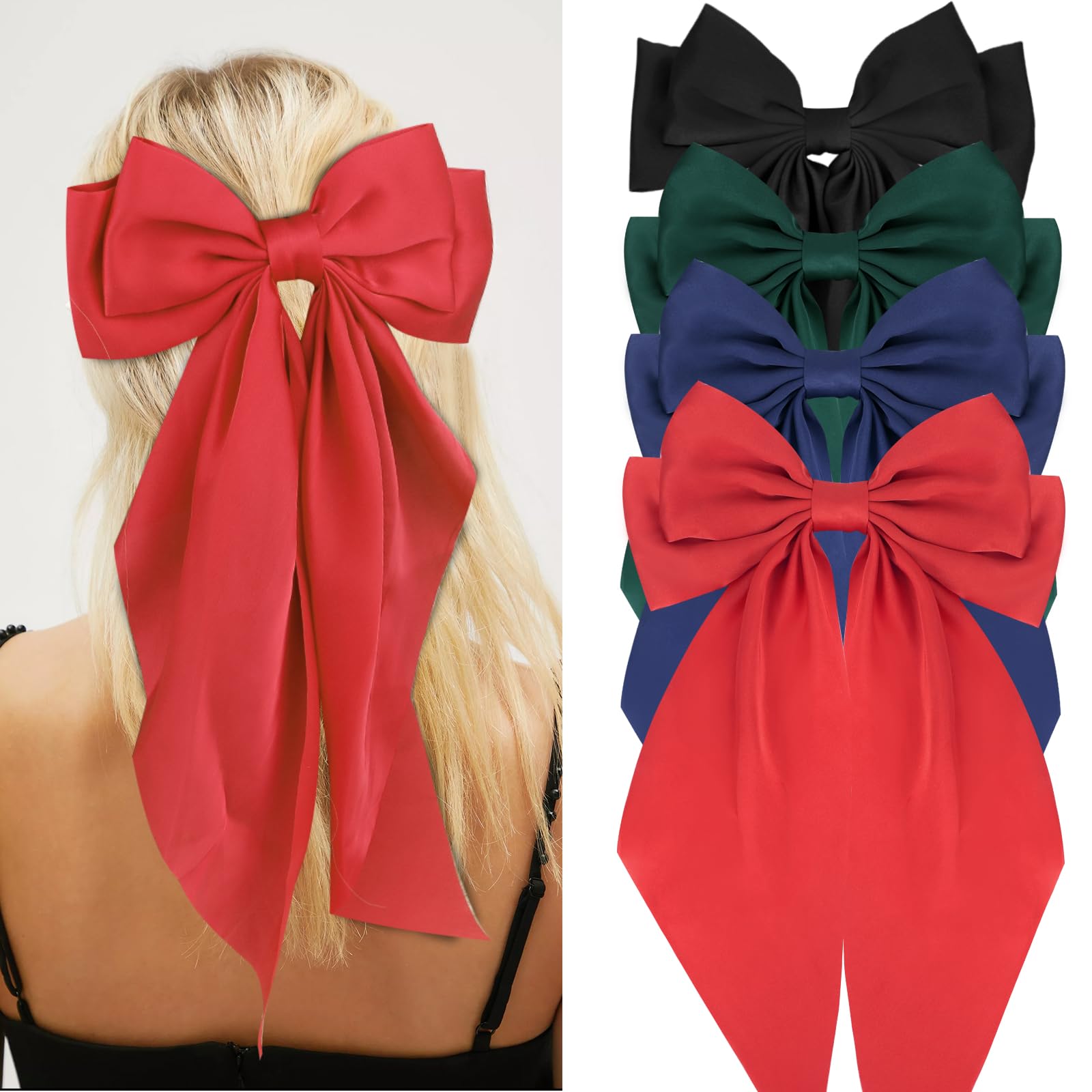 Wecoe 4pcs Big Hair Bows For Women Red Green Navy Blue Black Satin Bows Hair Barrettes Cute Large Hair Clips Long Tail Valentine
