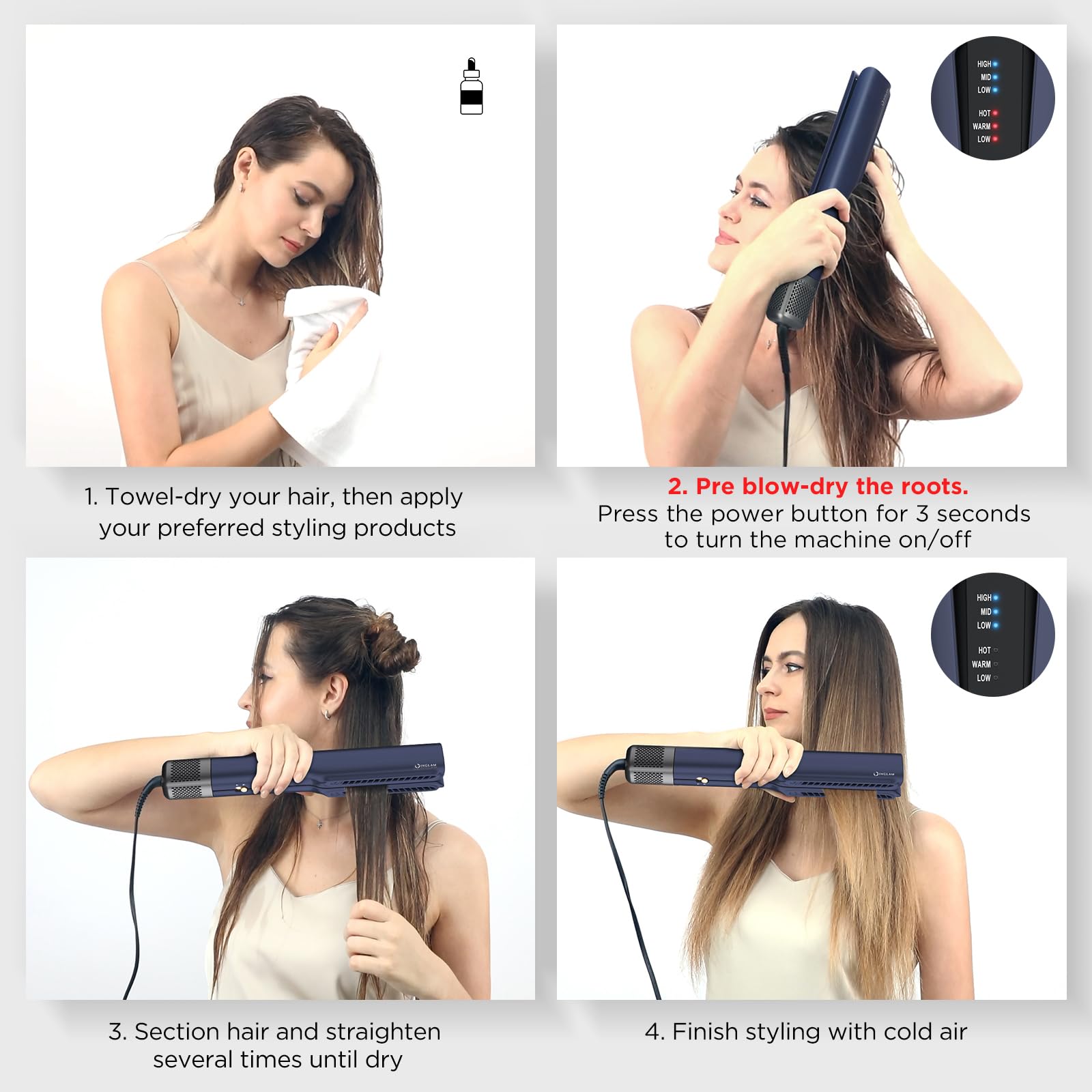 IG INGLAM Air Straight, Style from Wet Hair, 200M Ionic Hair Dryer Straightener for Medium Long Hair(14   -30   ), Straightener