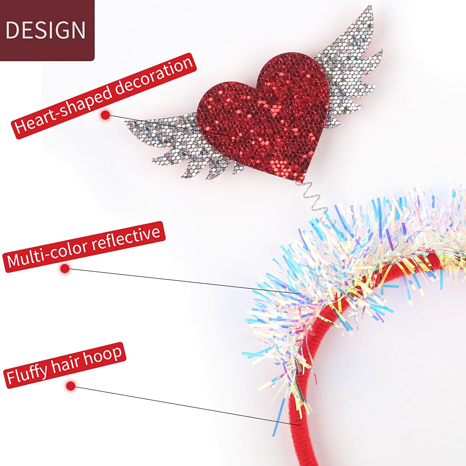 Valentine'S Day Heart Headband Glitter Red Love Hair Hoop Boppers Hair Accessories Cupid Heart Shaped Hairband Sequin Headpiece