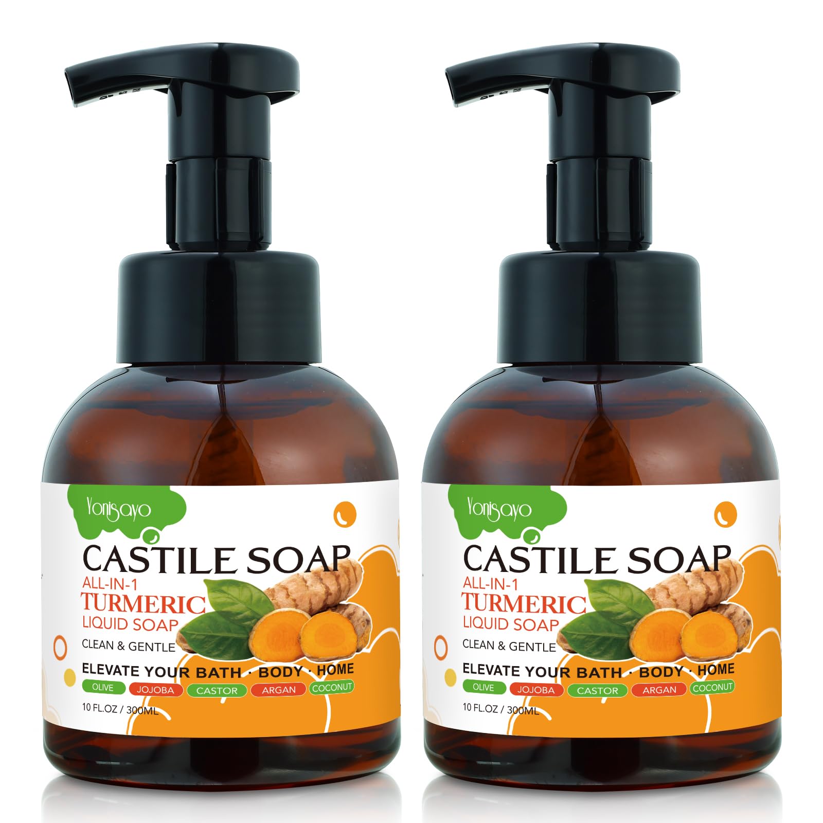 yonisayo 2 PCS Turmeric Castile Liquid Soap - Natural Soothing & Cleansing Multi-Purpose Soap for Body, Face, Laundry, and Dishe