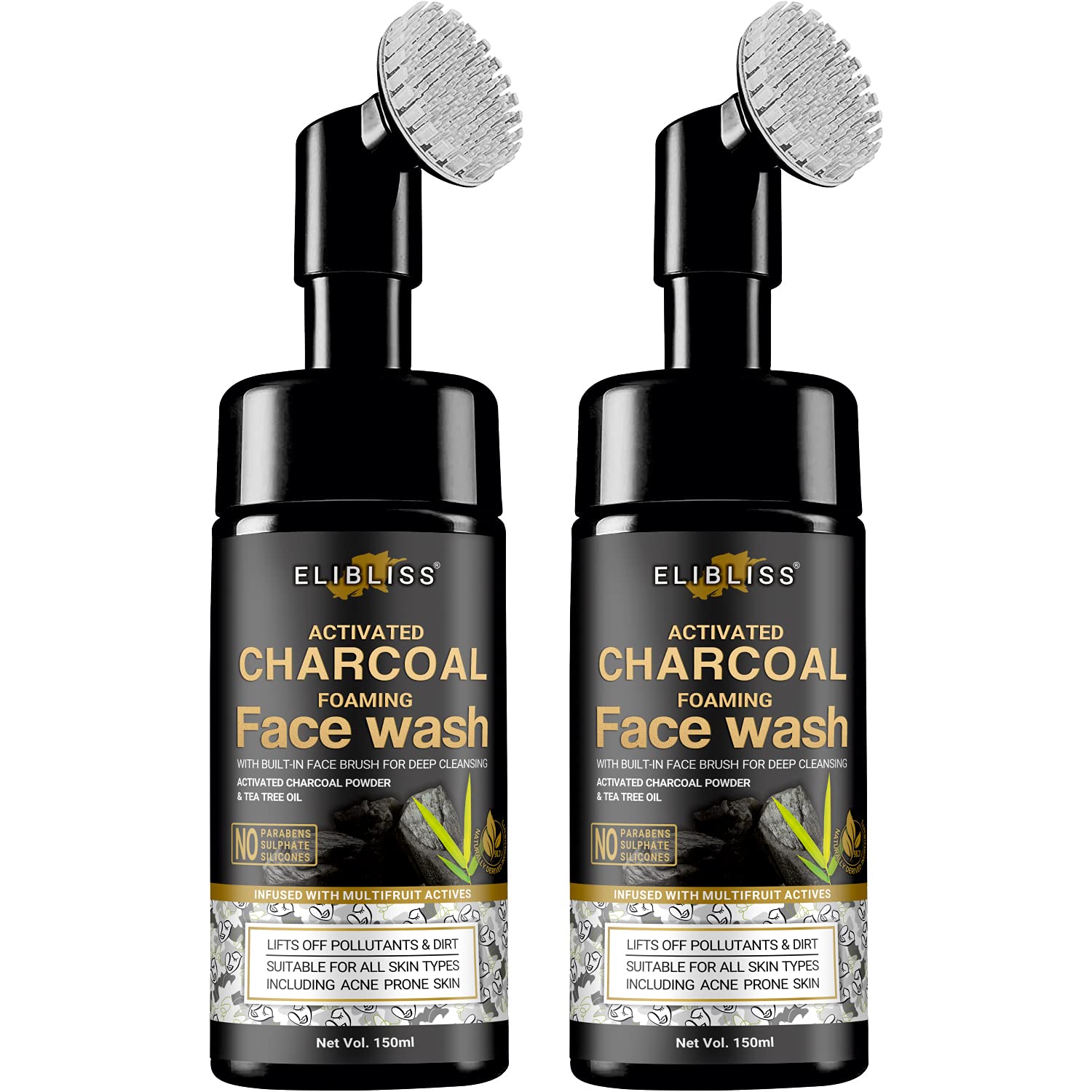 Elibliss Activated Charcoal Foaming Face Wash With BuiltIn Face Brush, Deep Cleansing Face Cleanser For Men & Women, Activated 