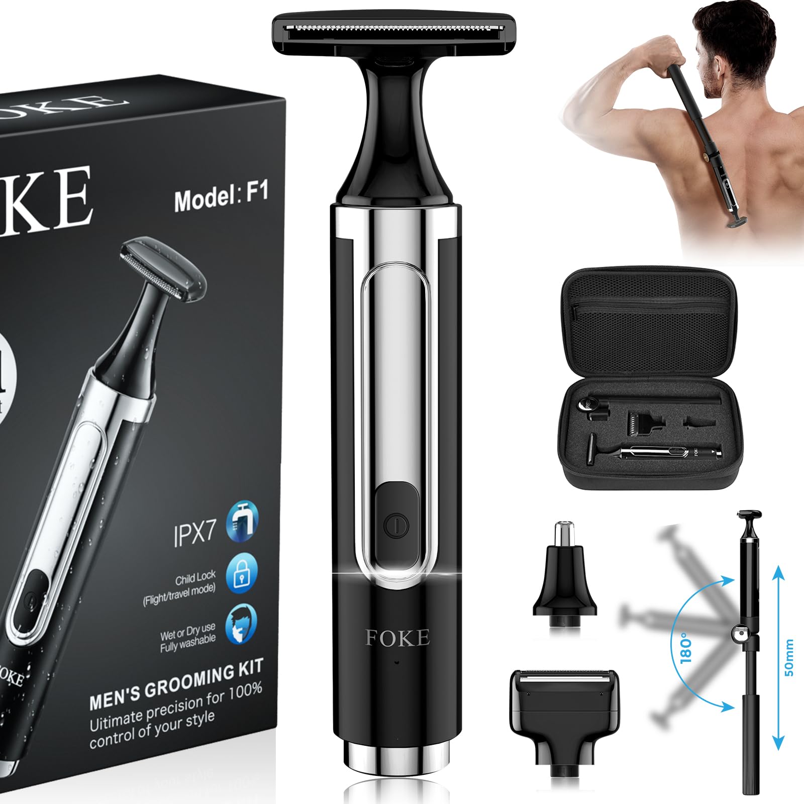 Foke Back Shaver For Men, Ultra-Wide 1.8'' T-Shaped Head, Includes Travel Case, Mens Back Shaver Rechargeable With Long Handle,