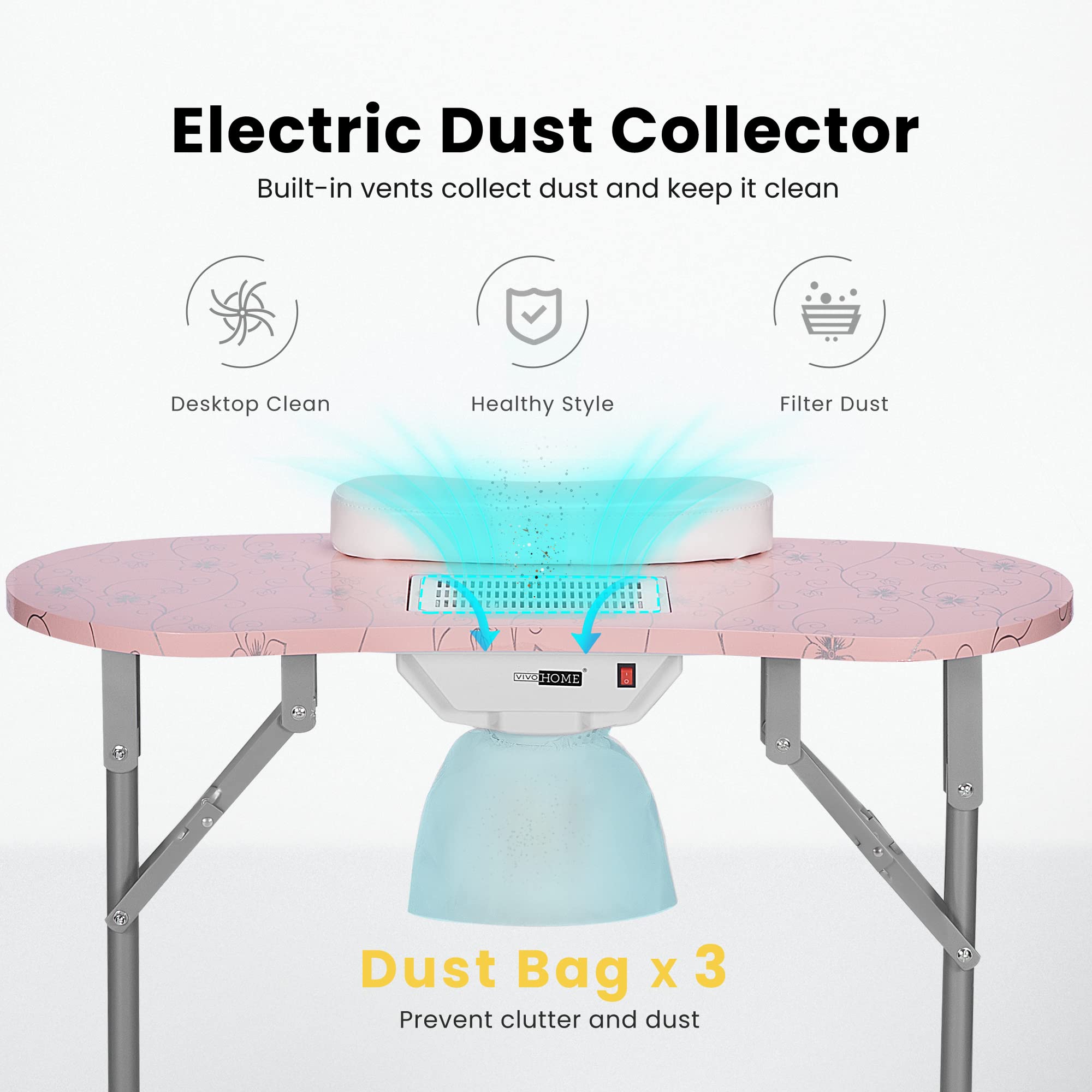 Vivohome Portable Manicure Nail Table On Wheels With Built-In Dust Collector, Updated Usb-Plug Led Table Lamp, Carry Bag For Hom