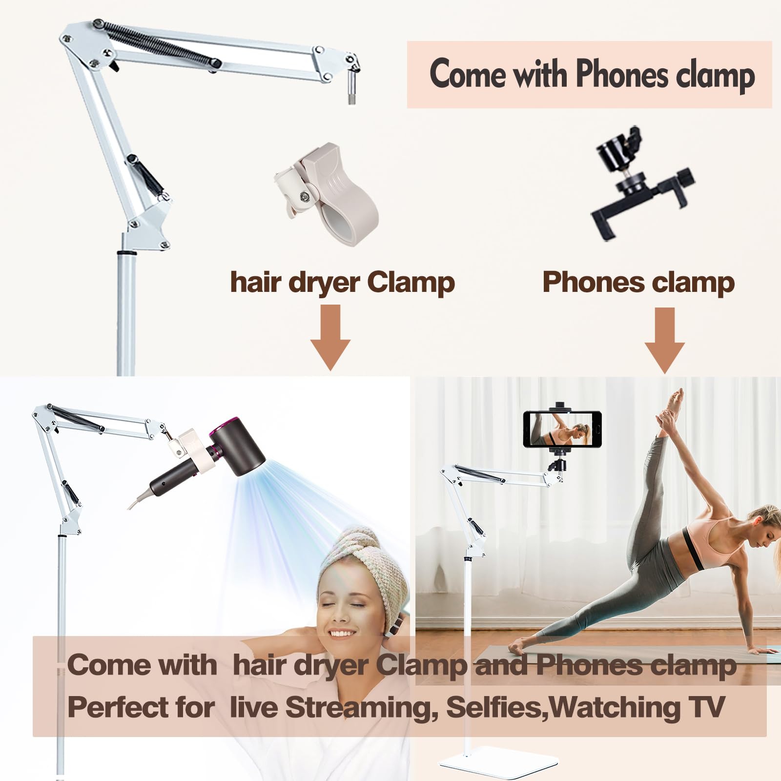 Femeoum Hair Dryer Stand Holder, 360° Adjustable, Hands-Free Clip, Metal, Black, Suitable for 99% Hair Dryers, Model 1