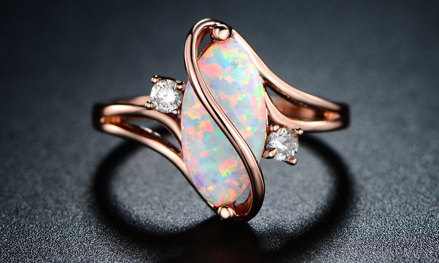 Barzel 18K Rose Gold Plated Created Fire Opal Ring With Cubic Zirconia Accents (Rose Gold Fire Opal, 7)