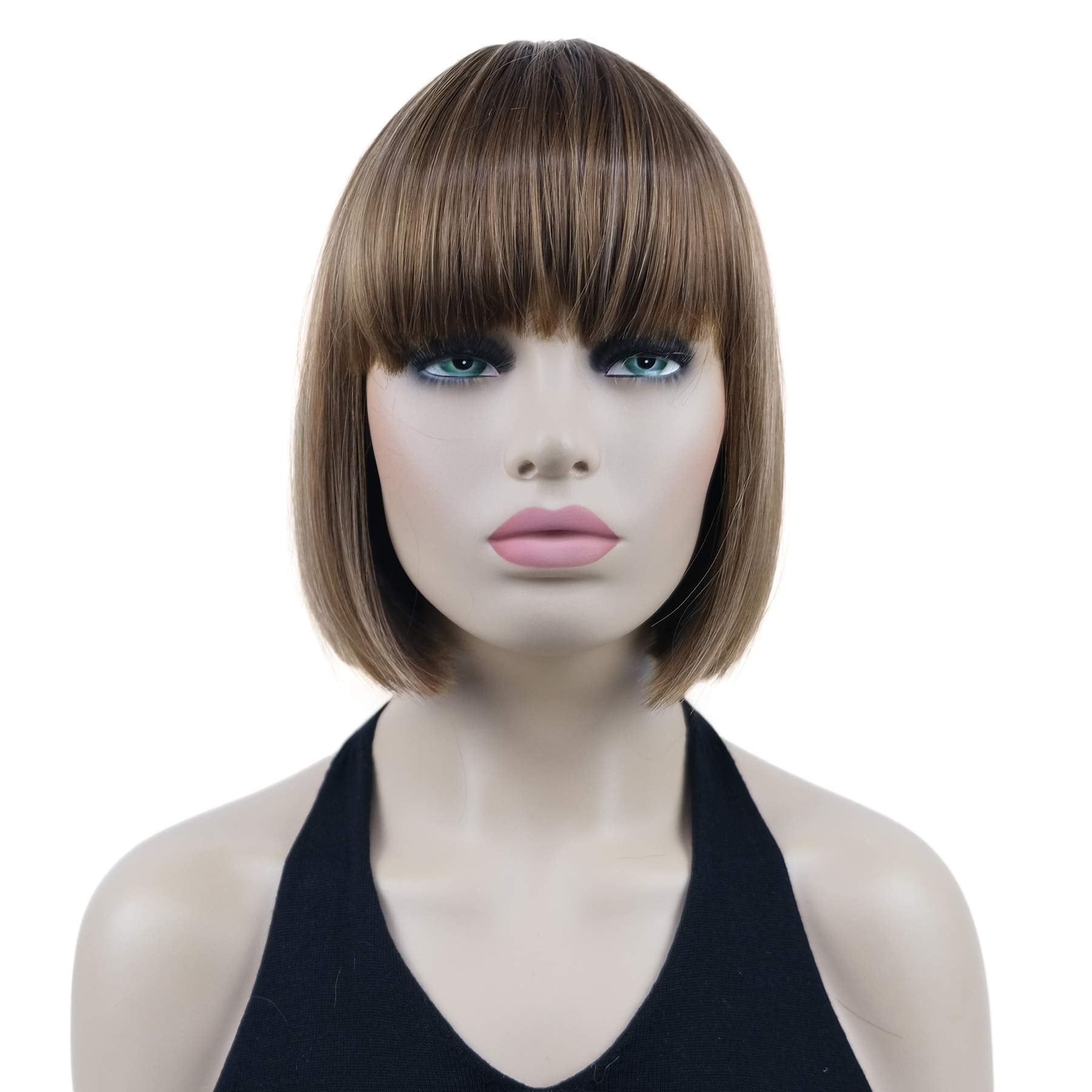 Lydell 8'' Straight Short Bob Hair Flat Bangs Cute Central Dot Skin Top Heat Resistant Synthetic Wigs (V6 Light Reddish Brown wi