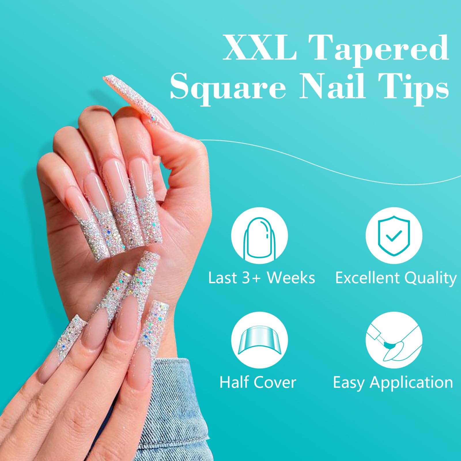 Lionvison No C Curve Square Nail Tips For Acrylic Nails Professional, Xxl 12 Sizes Tapered Square Nail Tips French Half Cover Ex