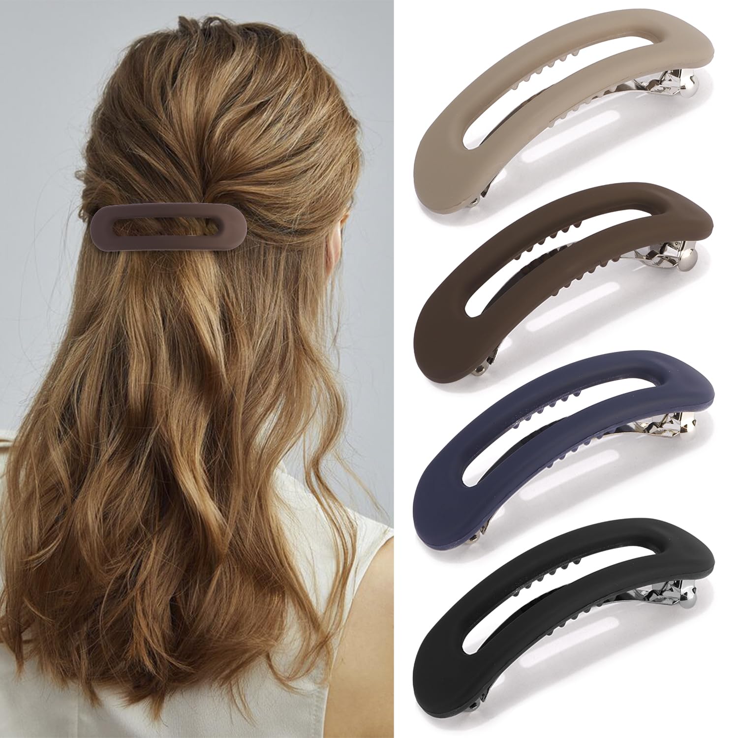 Atoden Flat Barrettes Clips for Thick Thin Fine Hair 4Pcs Large French Barrette Matte Hair Slides Non Slip Strong Hold Clamps Vi