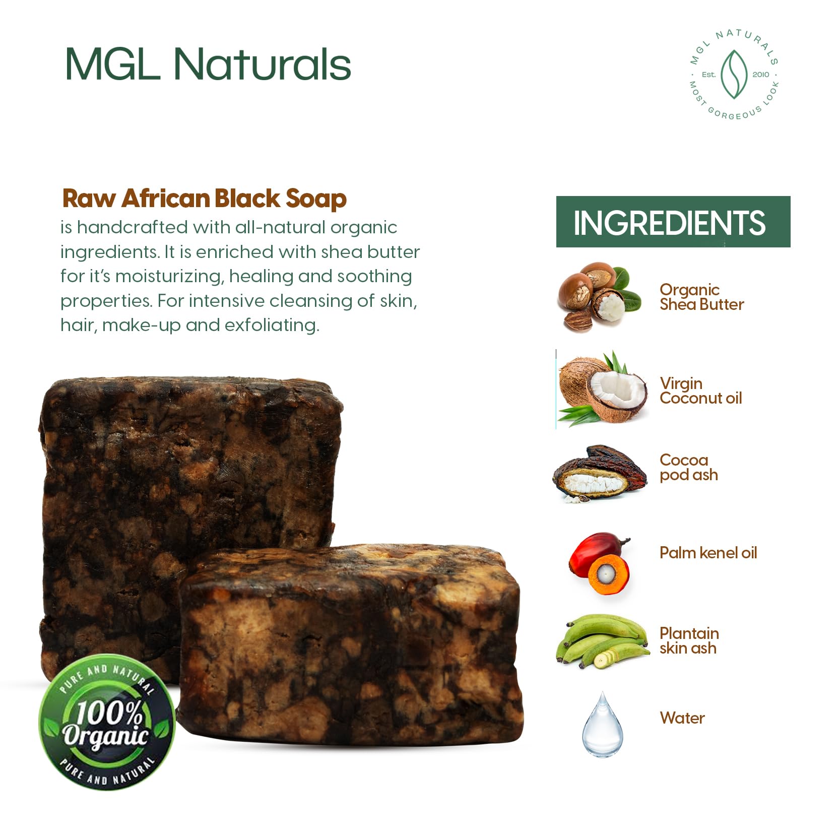 MGL Naturals Raw African Black Soap 5 lb bulk handmade from Ghana, Africa | Vegan & Organic | Face and body deep cleanse wash. H