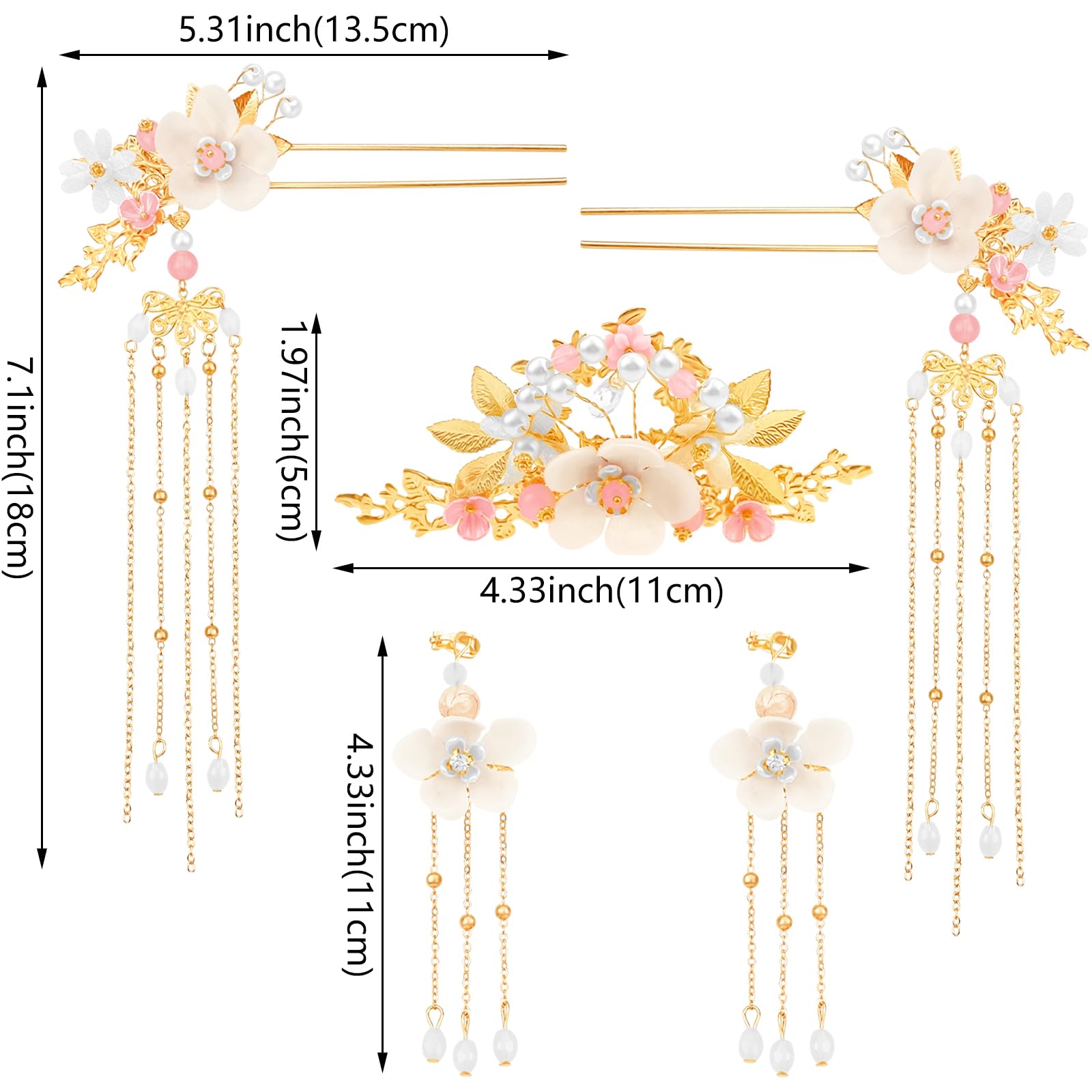 5 Pcs Flower Chinese Tassel Hair Stick Crystal Pearl Hanfu Hair Pins Classical Floral Bride Wedding Accessories For Women