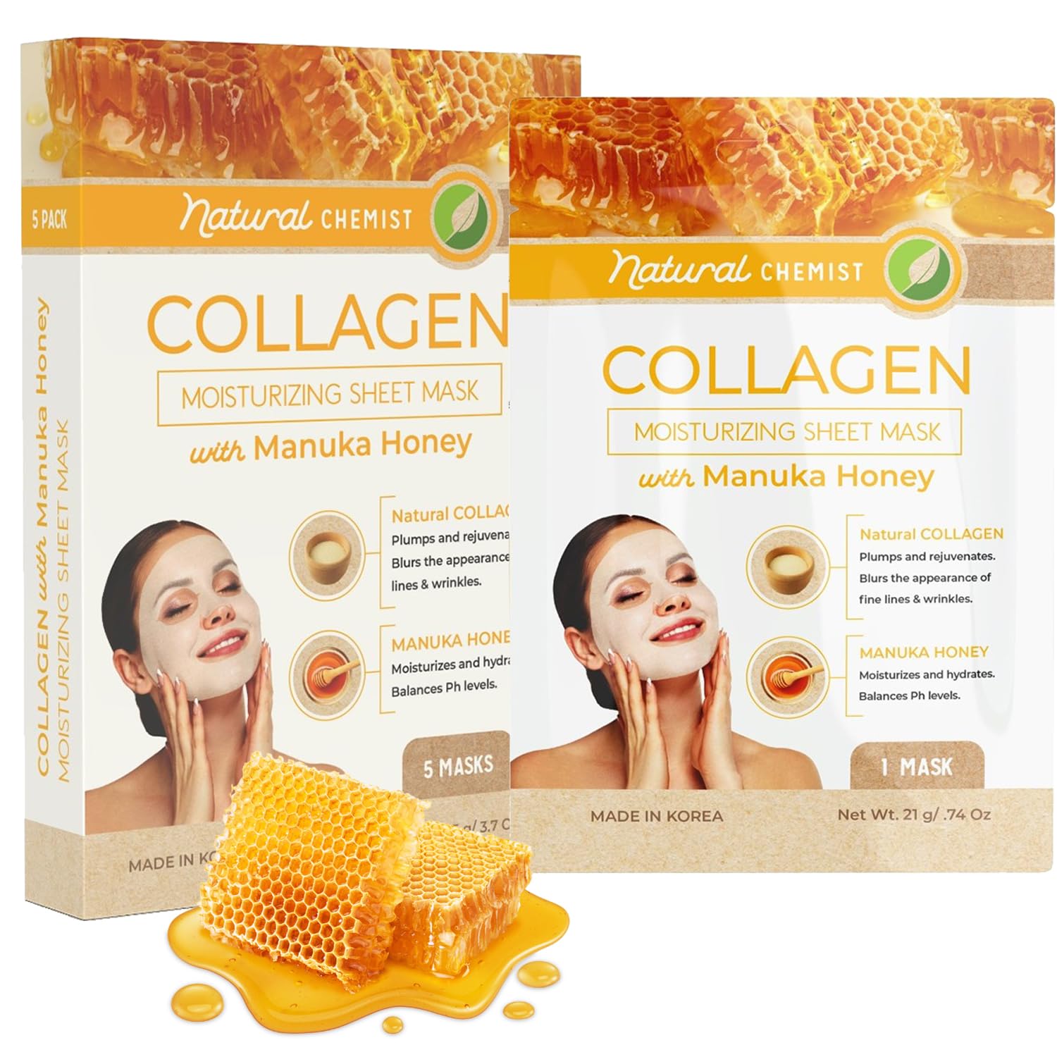 Natural Chemist Collagen & Manuka Honey Sheet Face Mask - Moisturizing, Anti-Aging & Skin Firming, Hydrating & Balancing Sheet M