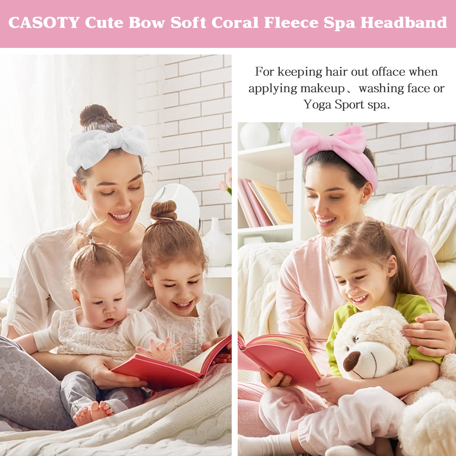 Casoty Spa Headband, 6 Pcs - Soft Coral Fleece Hair Band For Face Washing, Skin Care, Makeup, Shower, Yoga, With Bow Knot, One S