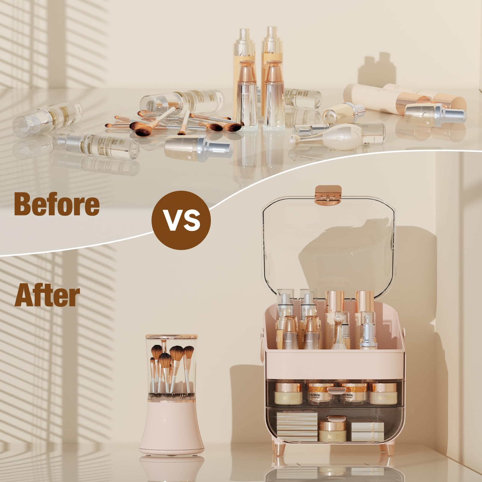CLBDRESS Makeup Organizer, Skin Care Organizer with Drawers and Lid, Cosmetic Storage Box with Handle, 360 Rotating Display Case