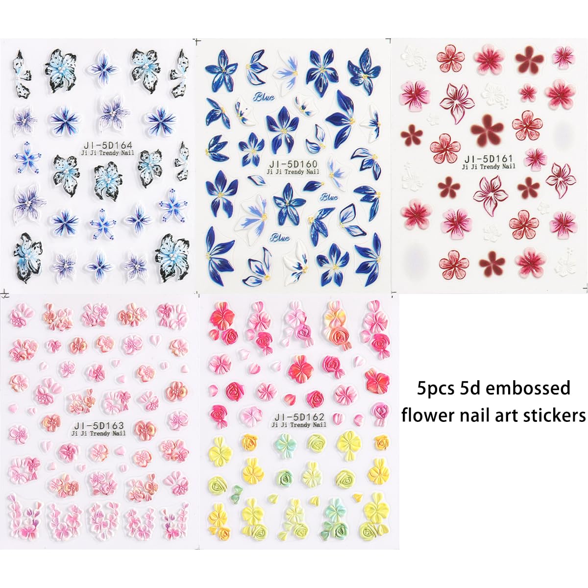 Fcozpjk Blue Flowers Stickers for Nails 5D Embossed Flower Nail Stickers Lily Hibiscus Cherry Blossom Rose Floral Nail Decals Se