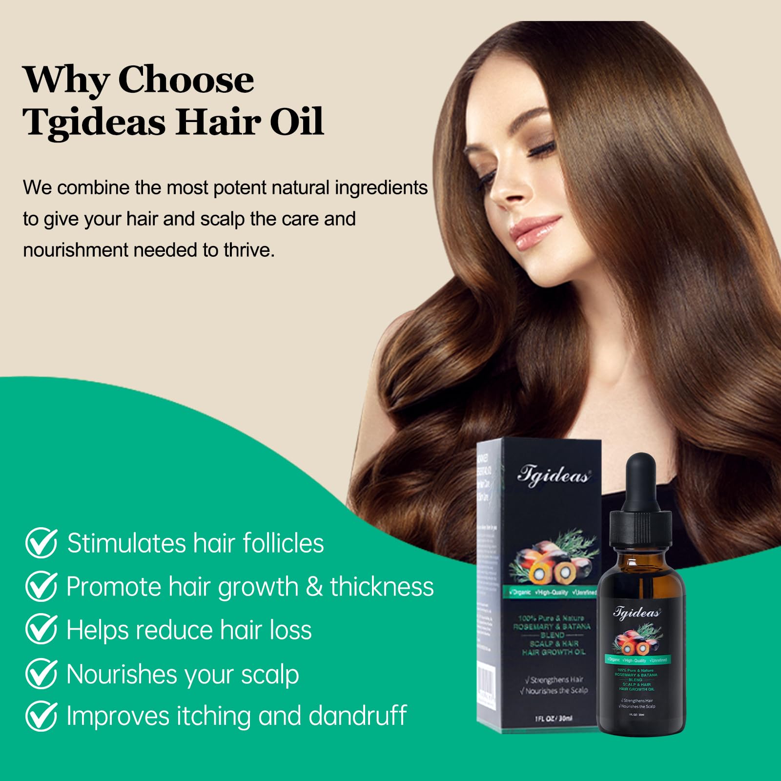 Tgideas Organic Hair Growth - Rosemary & Batana Oil for Scalp & Hair Strengthening - All Hair Types Treatment Oil - Eyebrow & Ey