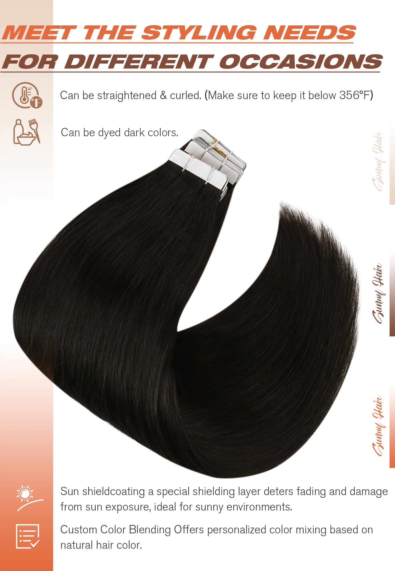 Sunny Hair Tape in Hair Extensions Real Human Hair Invisible Remy Hair Extensions Tape ins for Women Natural Black 14 inch 20Pcs