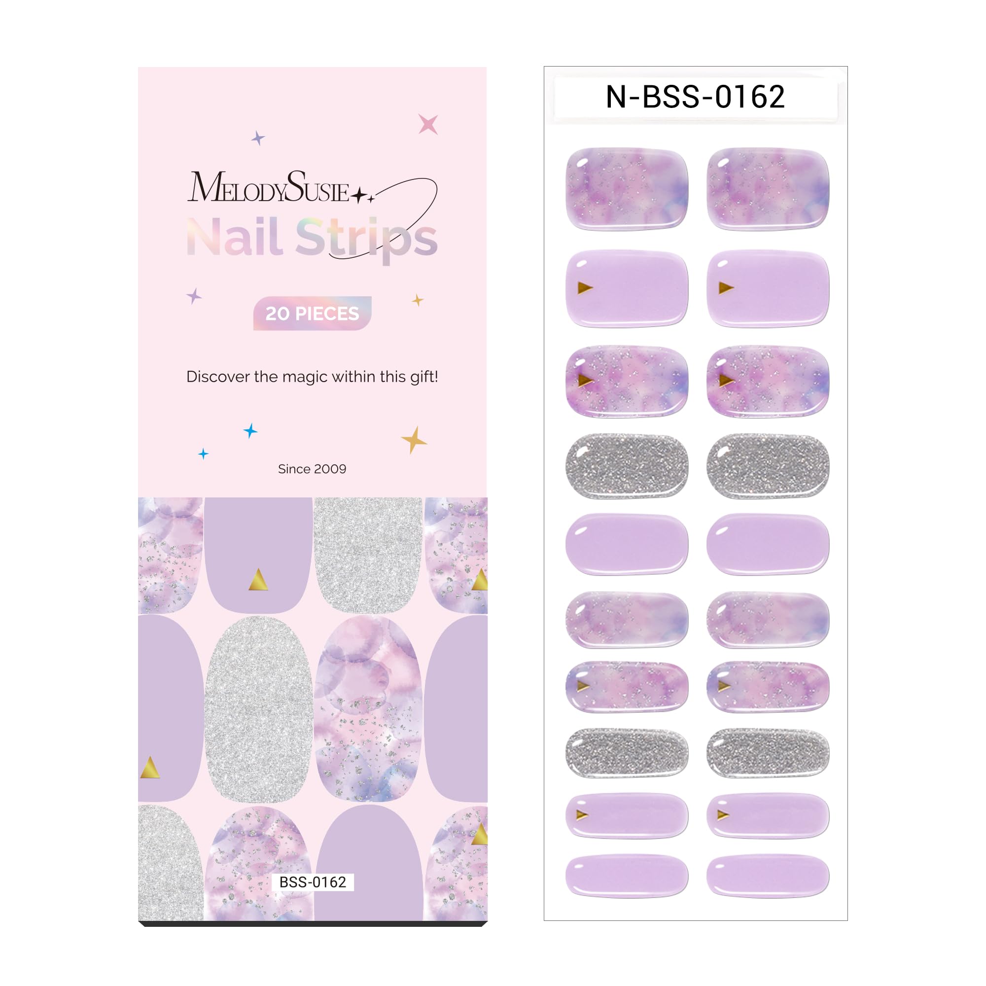 MelodySusie Semi Cured Gel Nail Strips (Dreamy Purple)-20 PCS Gel Nail Stickers, Silver Glitter Gel Nail Wraps - UV Light Requir