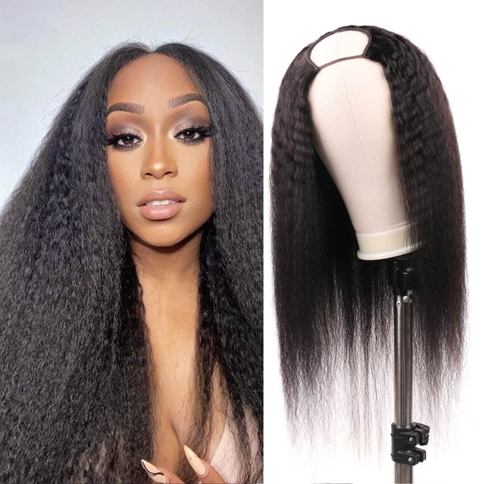 huarisi Kinky Straight Human Hair Wigs for Black Women 150% Density Yaki U Part Wig Human Hair Upgrade U Part Glueless Full Head