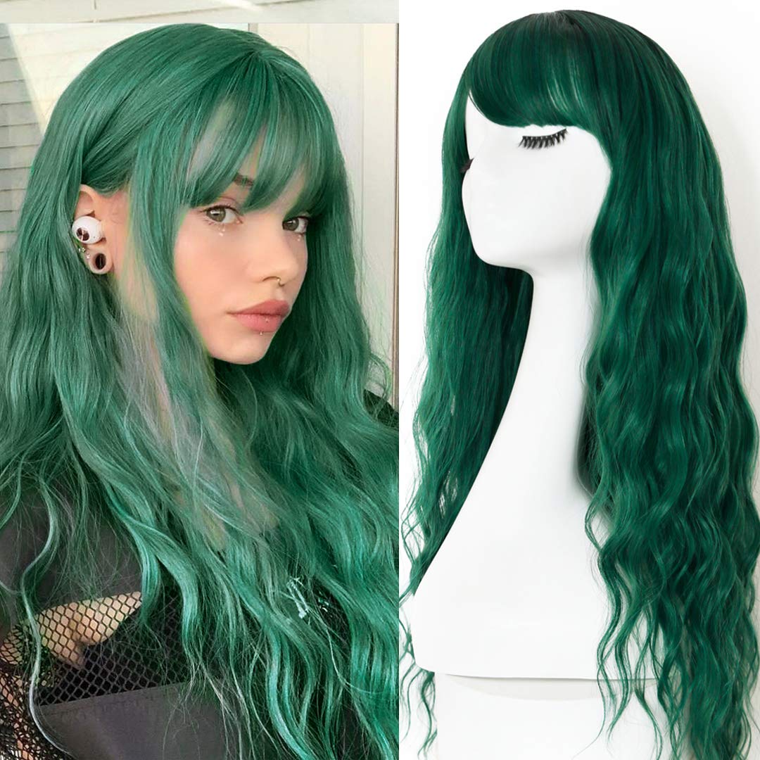 EVLYNN Wigs With Bangs Ombre Dark Green Wig Long Loose Wavy Curly Hair Synthetic Fiber Glueless Dark Root No Lace Wig For Women