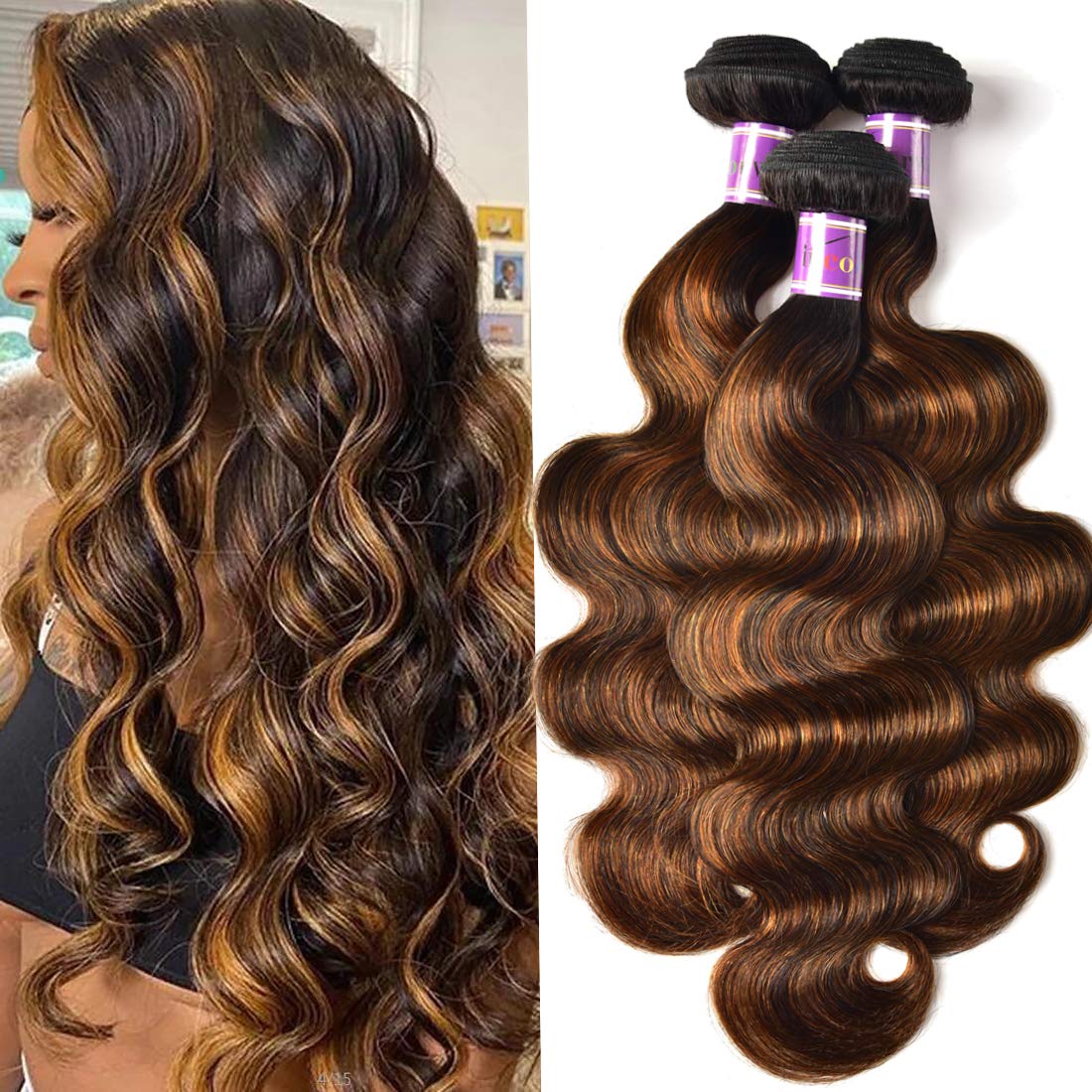 UNice Brown Highlight Body Wave Human Hair Weave 3 Bundles 20 22 24 inch, Brazilian Remy Hair Ombre Blonde Human Hair Wavy Weave