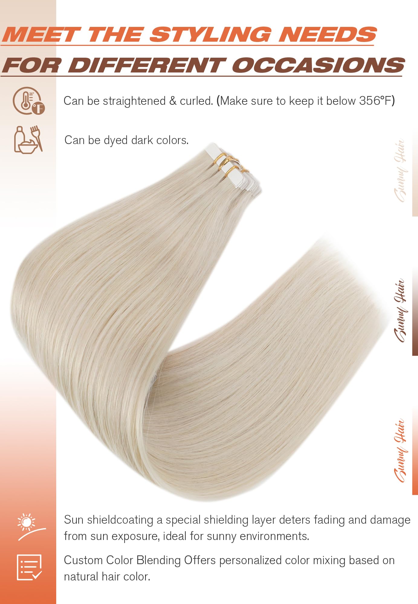 Sunny Hair Tape in Hair Extensions Real Human Hair Invisible Remy Hair Extensions Tape ins for Women White Platinum Blonde 20 in