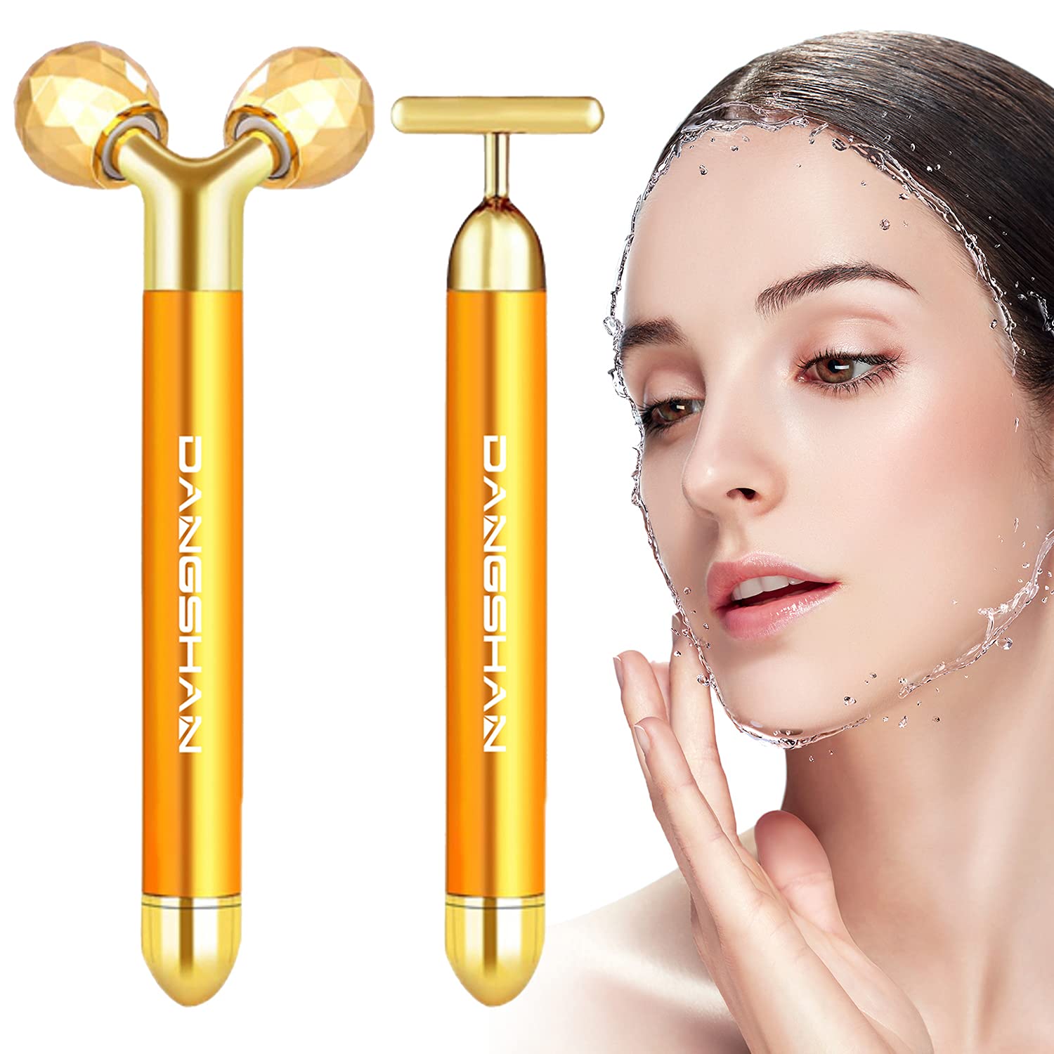 DANGSHAN 2-in-1 Electric Face Massager 24k Golden Facial Massager, 3D Roller and T Shape Facial Roller Massager Kit Skin Care To