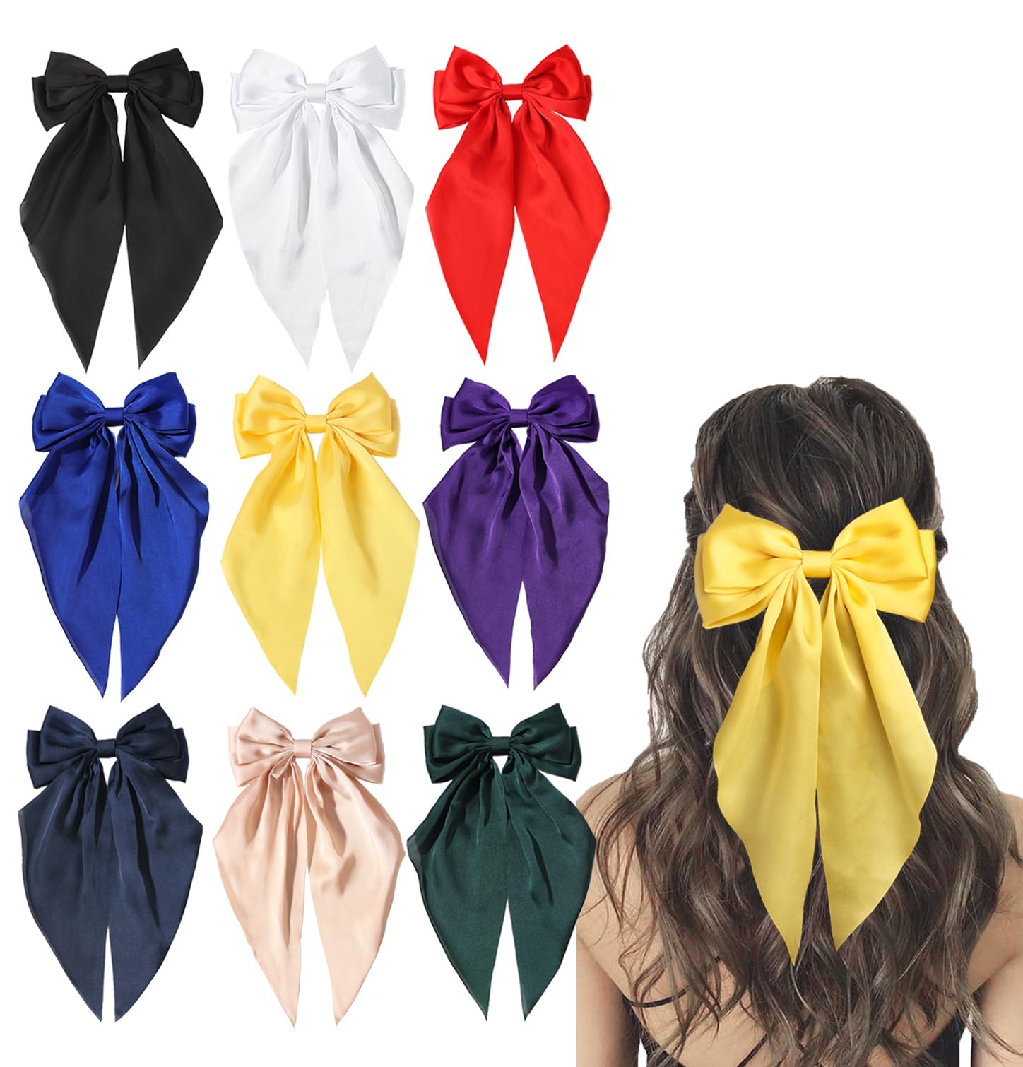 Furling Pompoms Hair Accessories: Large Satin Bow Clips with Long Tails and Alligator Clips for Women and Girls, 9pcs Colorful B