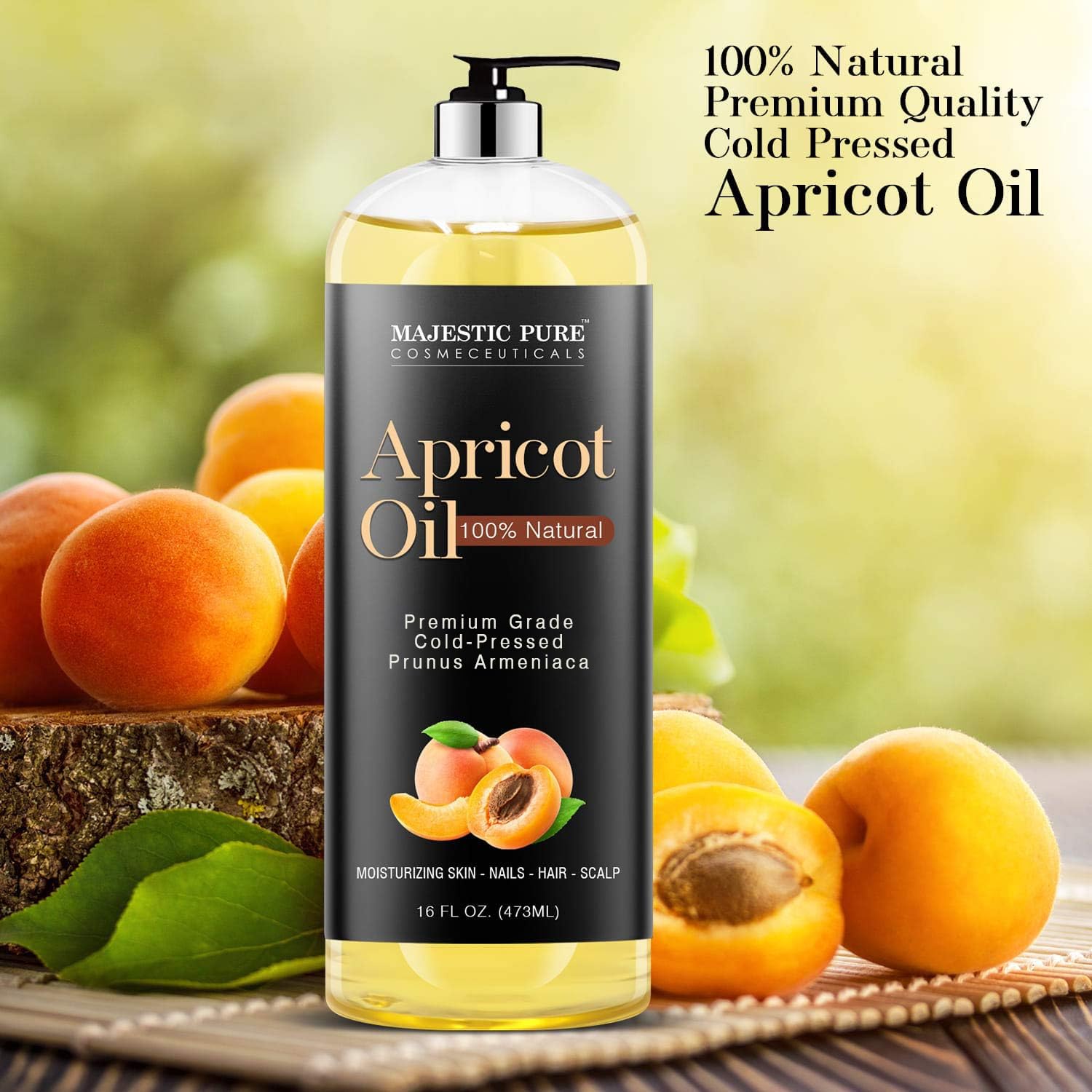 Majestic Pure Apricot Oil, 100% Pure And Natural, Cold-Pressed, Apricot Kernel Oil, Moisturizing, For Skin Care, Massage, Hair C