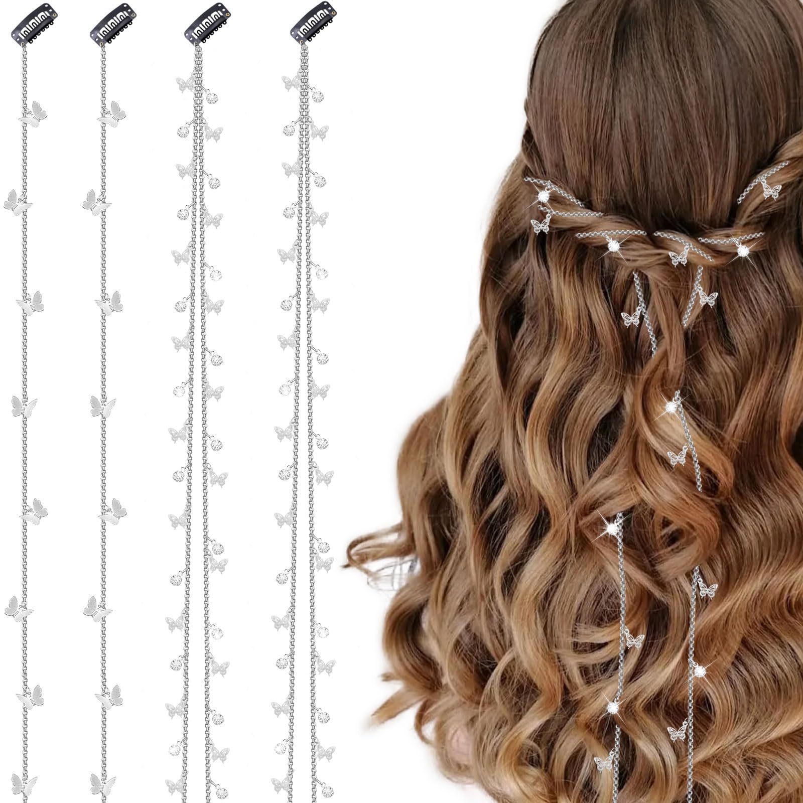 Dexspoeny 4Pcs Butterfly Tassel Hair Clips, Silver Hair Chain, Rhinestones Hair Jewelry for Braids, Tassel Hair Accessories for 
