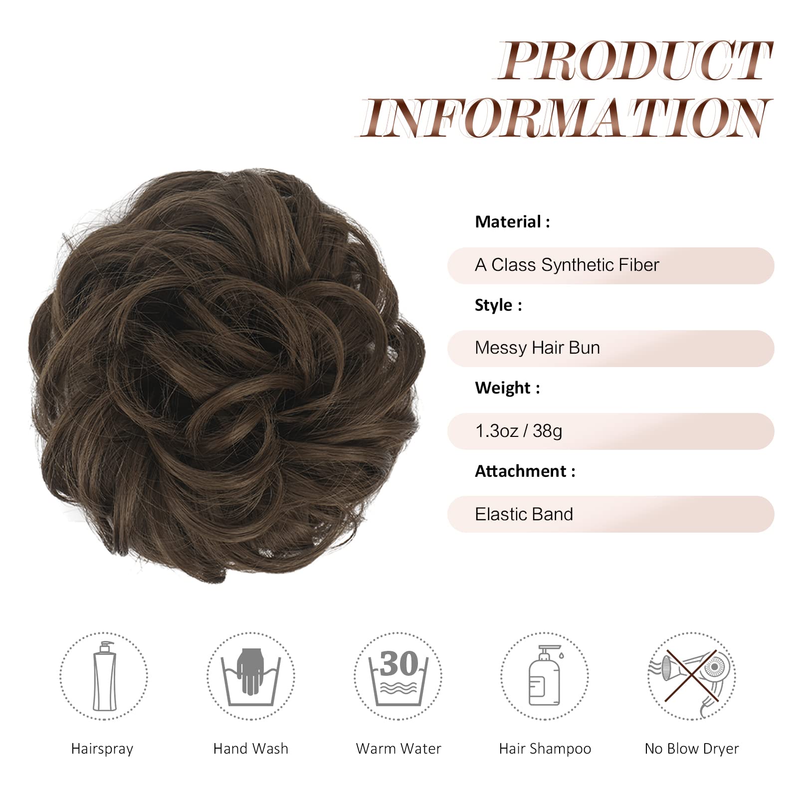 FESHFEN Messy Bun Hair Piece Hair Bun Scrunchies Golden Brown Synthetic Wavy Curly Chignon Ponytail Hair Extensions Thick Updo H