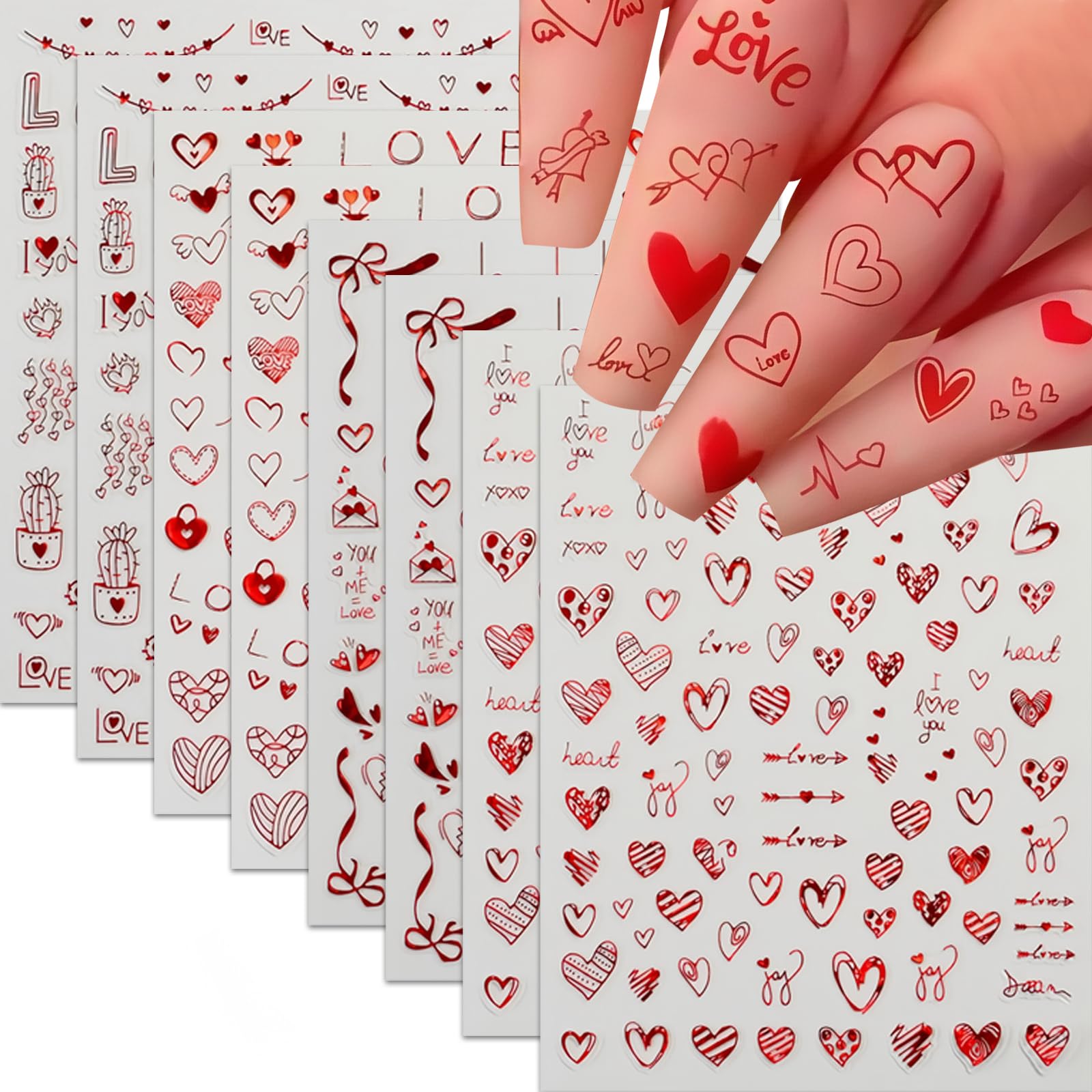 8Pcs Valentines Day Nail Art Stickers Decals Red Heart Nail Sticker Valentines Nail Decals 3D Self-Adhesive Laser Red Love Heart