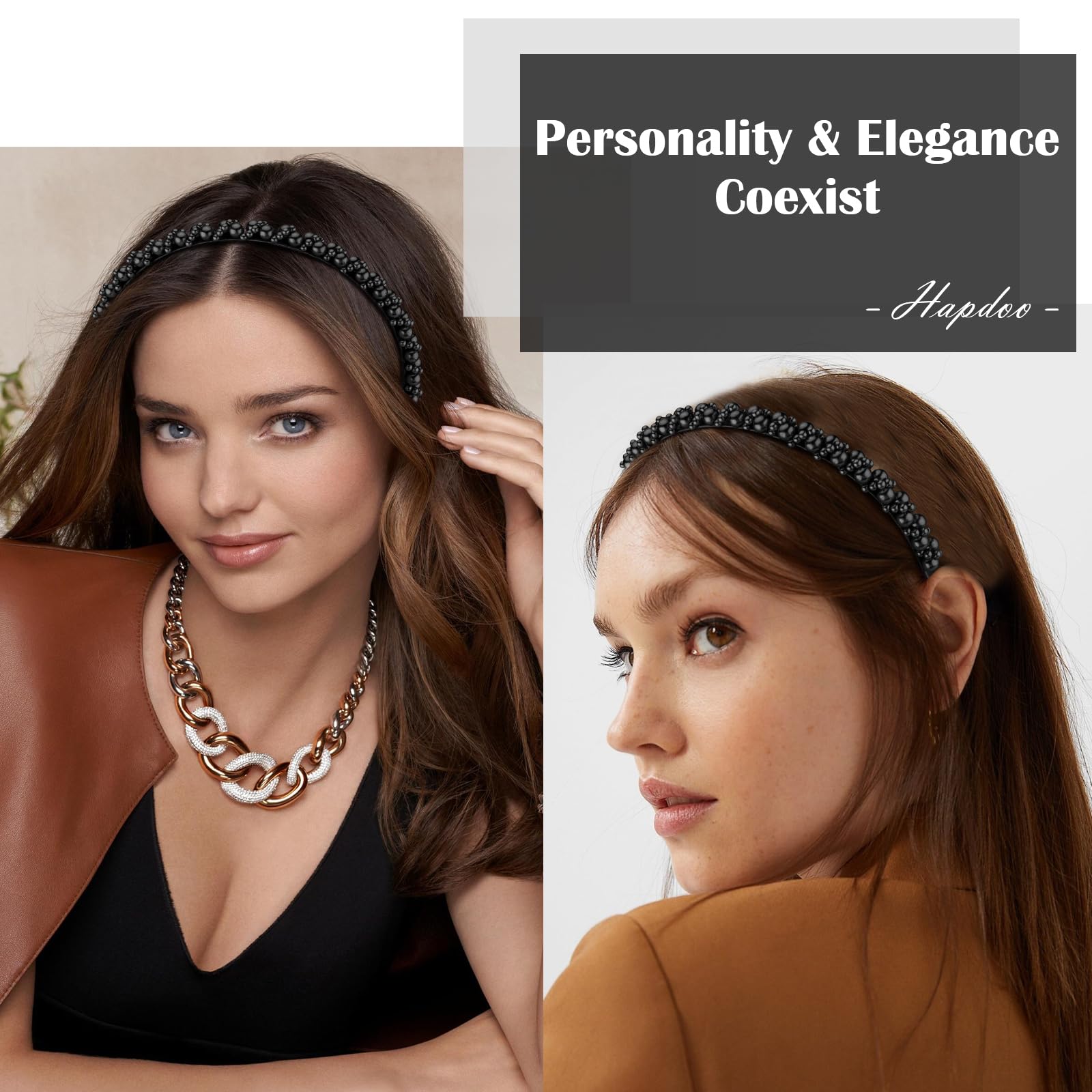 Hapdoo Black Pearl Headbands For Women Girls, Cute Beads Headband With Faux Pearl For Wedding Bride, Fashion Beaded Bling Hairba