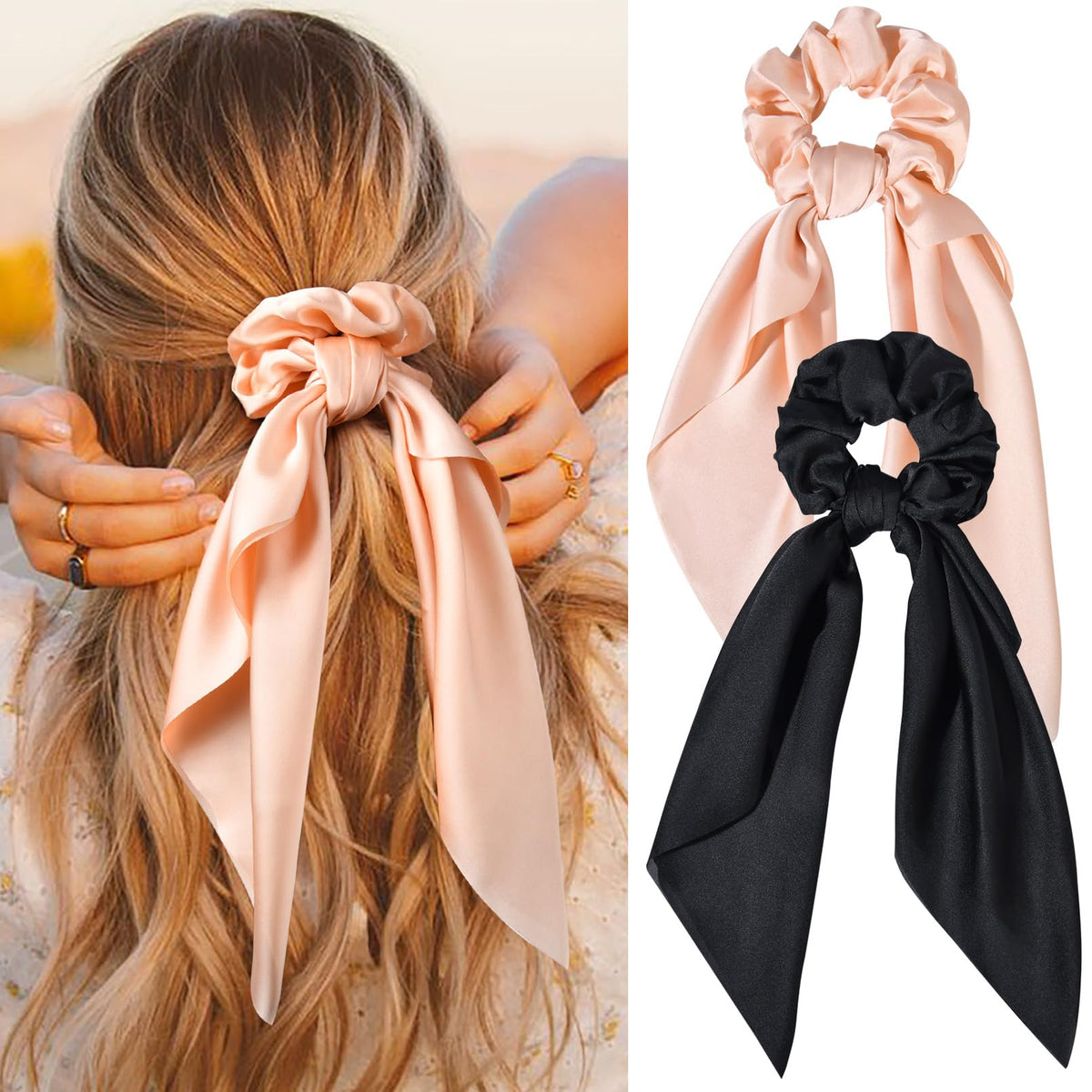 2PCS Hair Scarf Scrunchies HairRibbons for Women Satin Silk Elastic Hair Tie Bow Bands Ponytail Holder Accessories for Women Gir