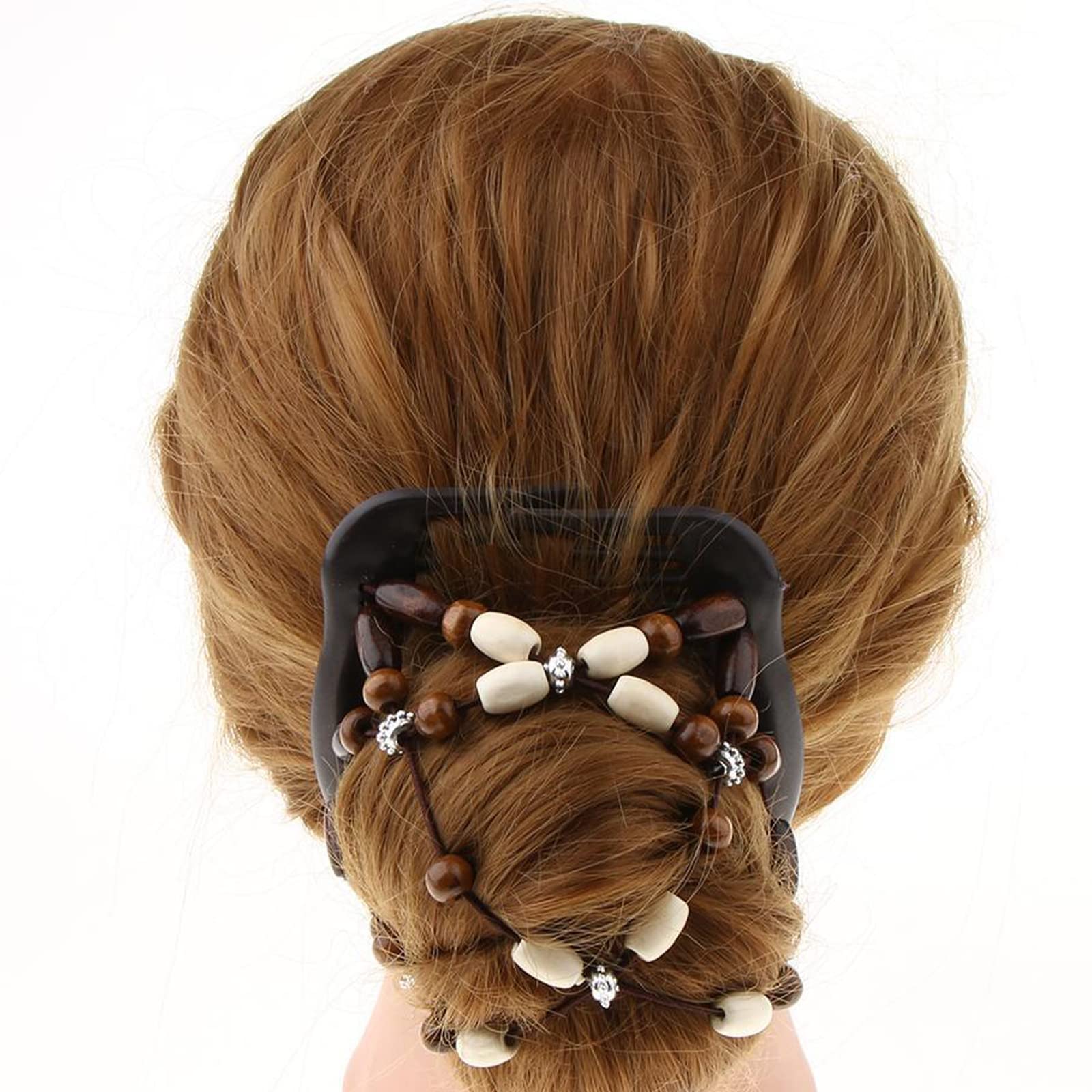 3 Pieces Stretchy Double Comb Hair Clip Magic Hair Side Combs for Women Elastic Wood Beaded Hair Bun Maker Hair Accessories for