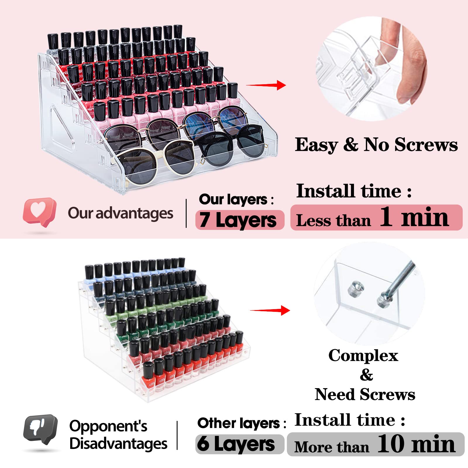 Aluyuyo Nail Polish Organizer, 7 Layers Clear Display Rack For Nail Polish Holder, Sunglasses Organizer, Essential Oils Holder,