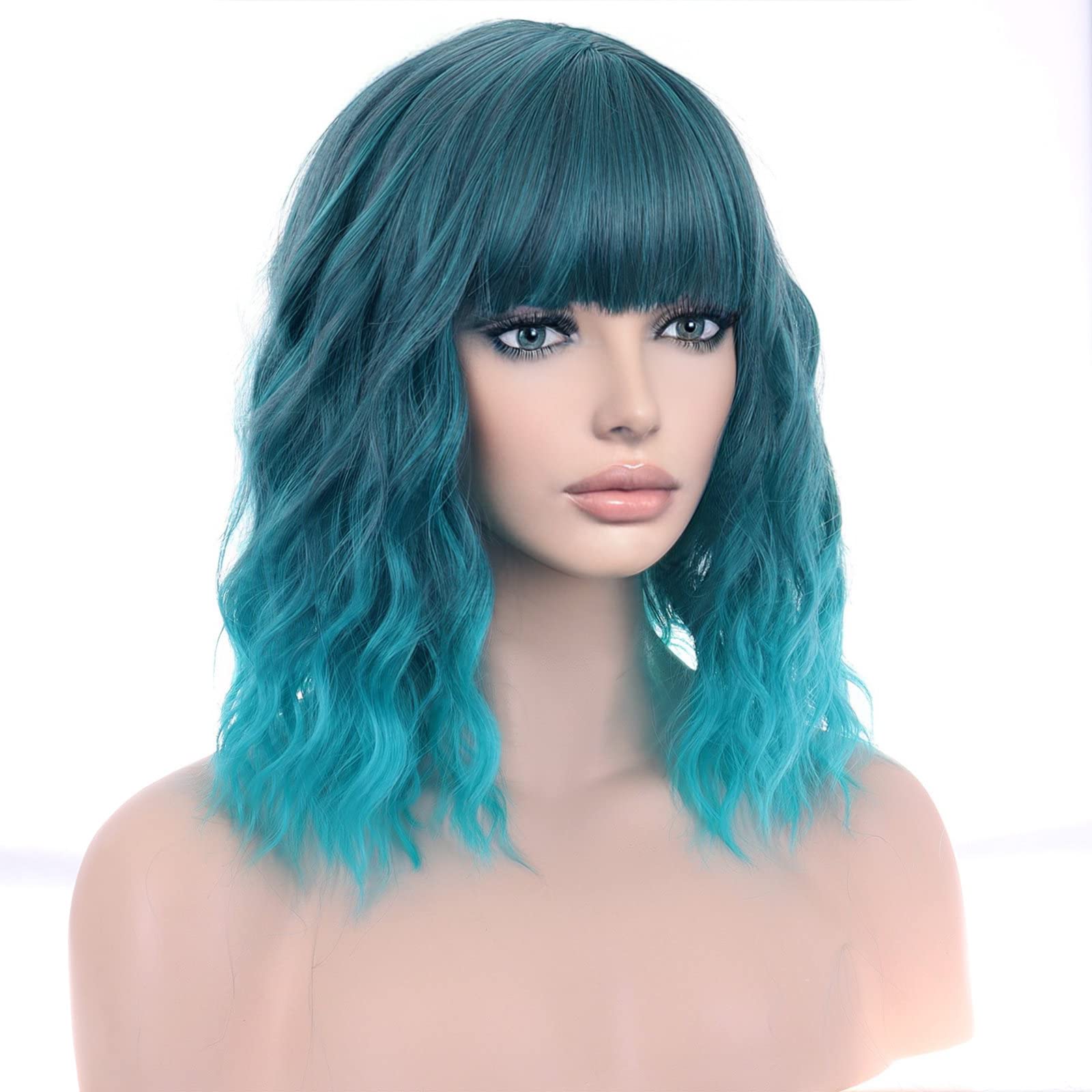 PATTNIUM Mixed Blue Wig Women Short Wavy Wig Teal Wig with Bangs Teal Blue Bob Wig Women Girls Heat Resistant Synthetic Fiber Co