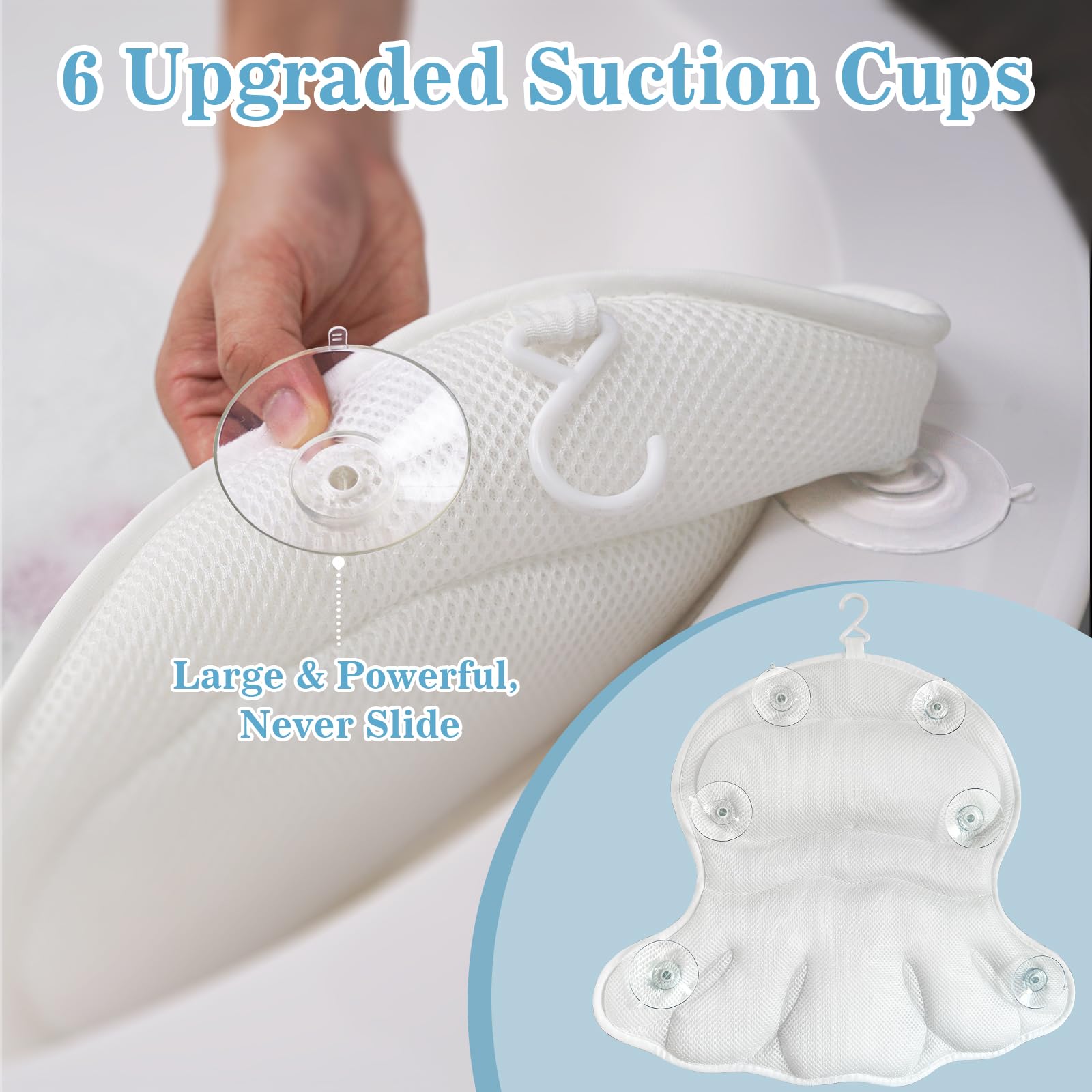 Bath Pillow Luxury Bathtub Pillow - Bath Pillows For Tub Neck And Back Support, Ergonomic Tub Pillow For Bath With 4D Air Mesh +