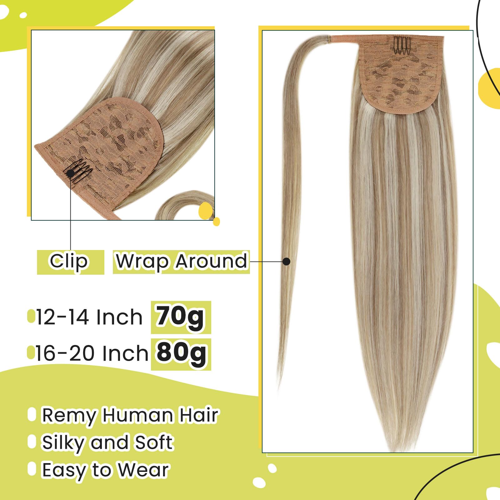 Runature Ash Brown Human Hair Ponytail Extension 14 Inch Straight Ponytail Human Hair Extensions With Clips Highlighted Platinum