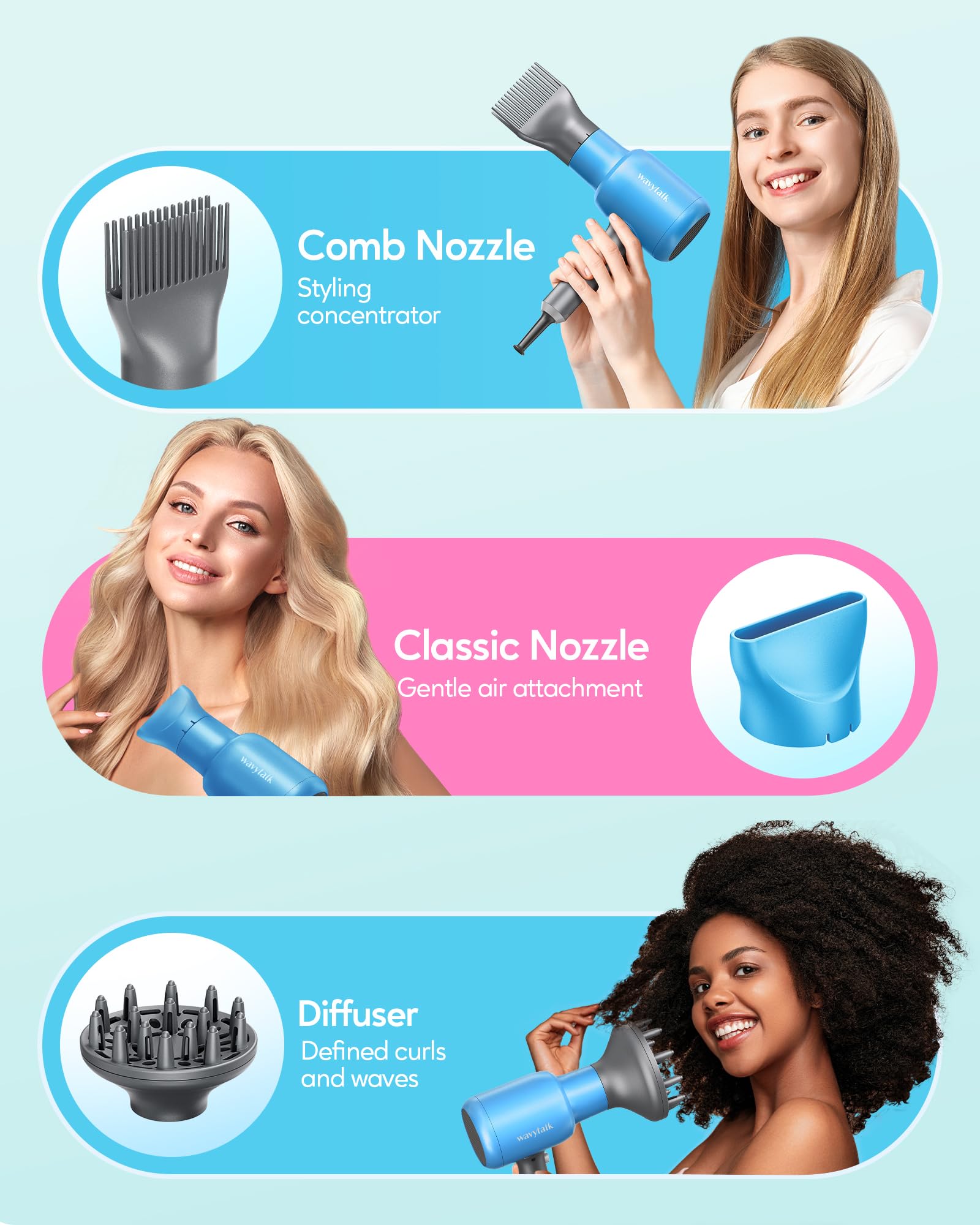 Wavytalk Professional Hair Dryer Blow Dryer With Diffuser And Concentrator For Curly Hair 1875W Ionic Salon Hair Dryer With Cera