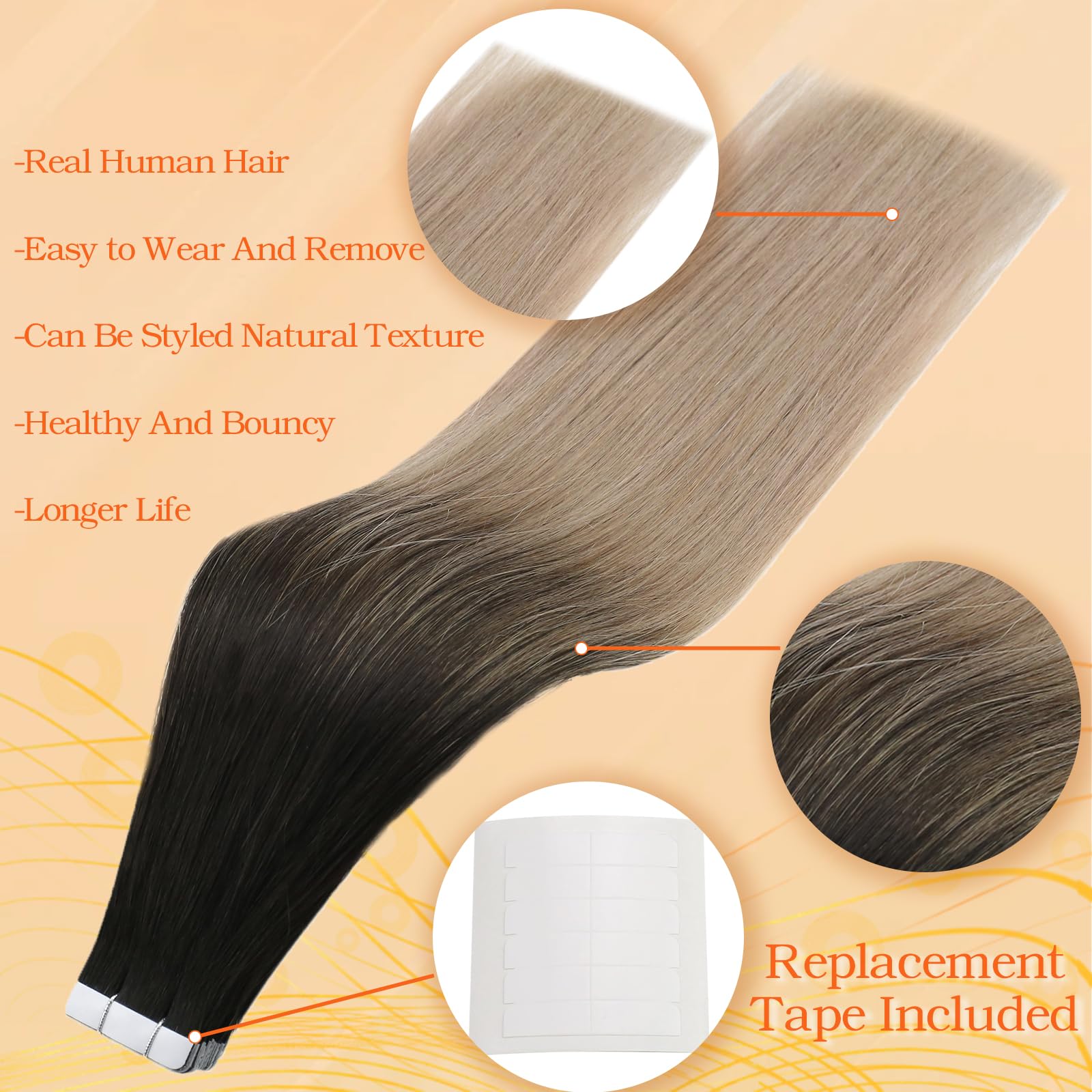 Full Shine 22 Inch Balayage Tape In Hair Extensions Human Hair Color 1B Off Black Fading To Ash Blonde 18 Seamless Skin Weft Hai